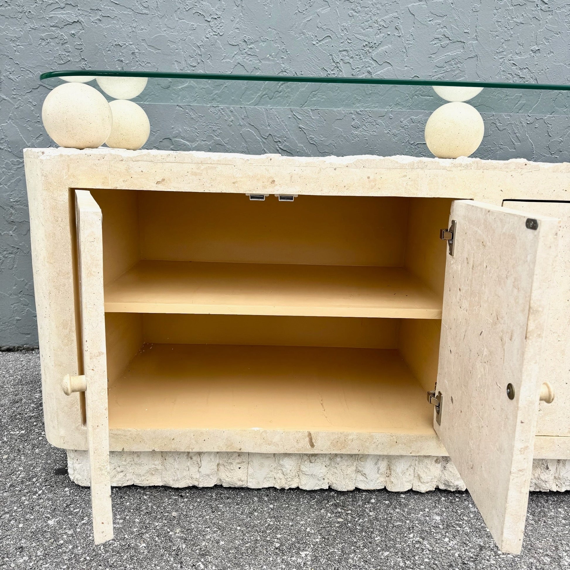 Postmodern Tessellated Stone Glass Top Credenza Dolphin & Flamingo