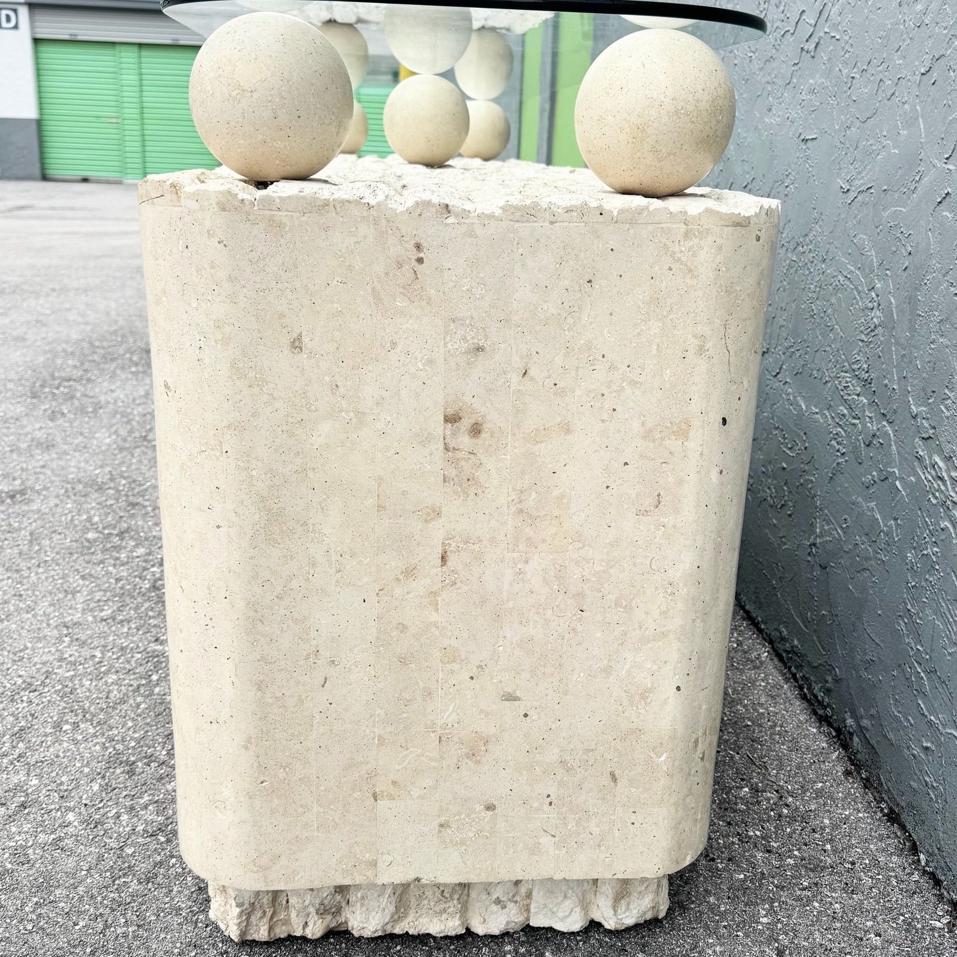 Postmodern Tessellated Stone Glass Top Credenza Dolphin & Flamingo