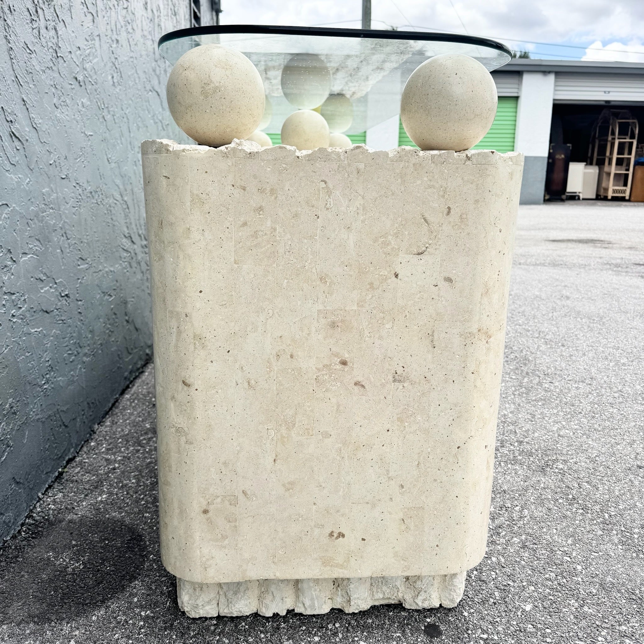 Postmodern Tessellated Stone Glass Top Credenza Dolphin & Flamingo