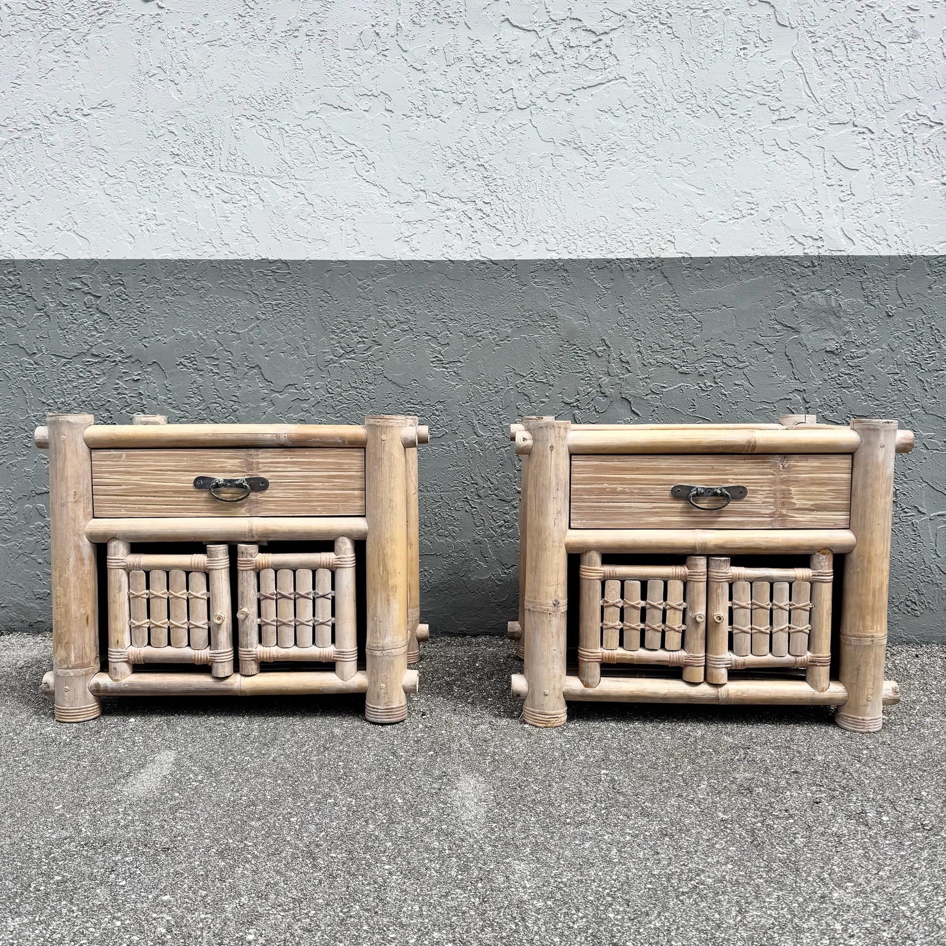 Boho Chic Chunky Bamboo Wicker Nightstands - A Pair Dolphin & Flamingo