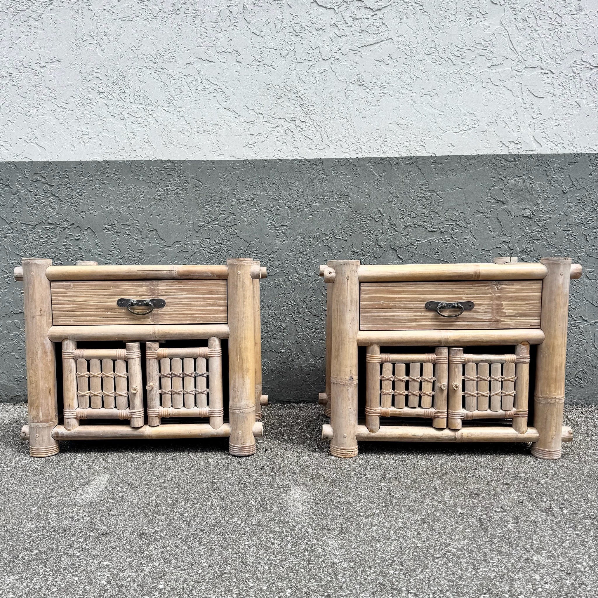 Boho Chic Chunky Bamboo Wicker Nightstands - A Pair Dolphin & Flamingo