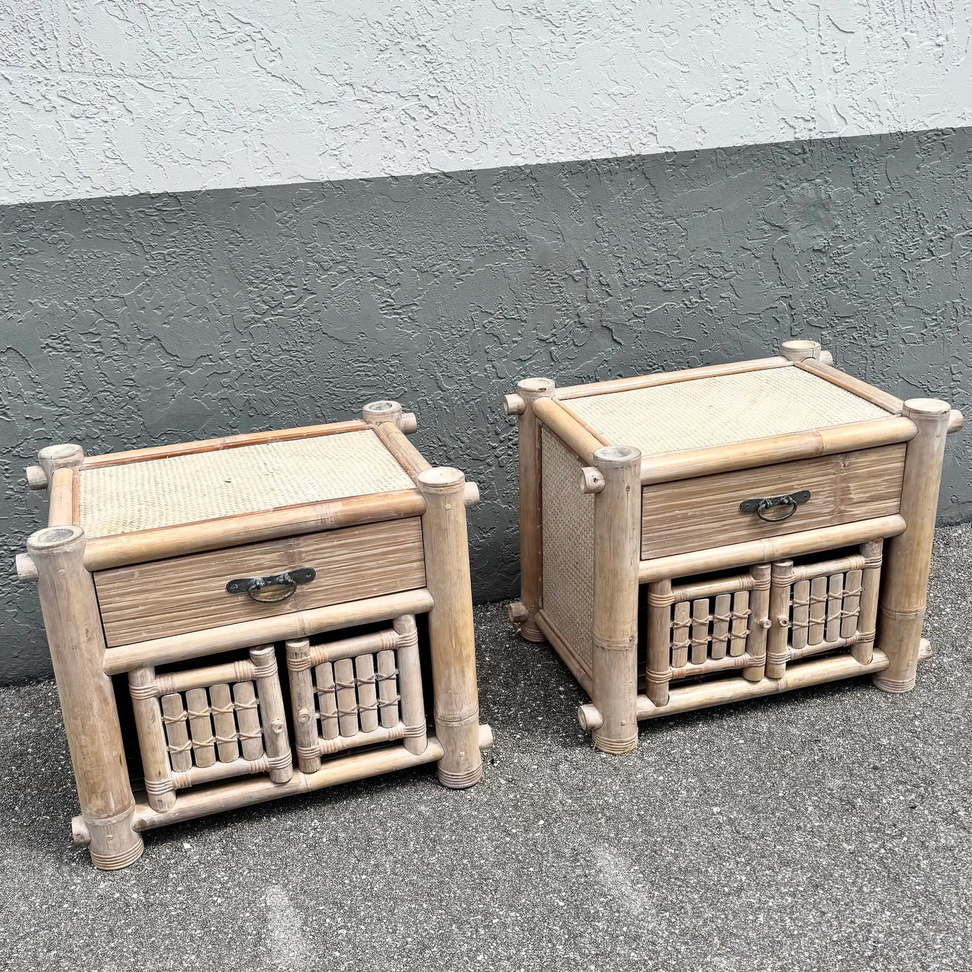 Boho Chic Chunky Bamboo Wicker Nightstands - A Pair Dolphin & Flamingo