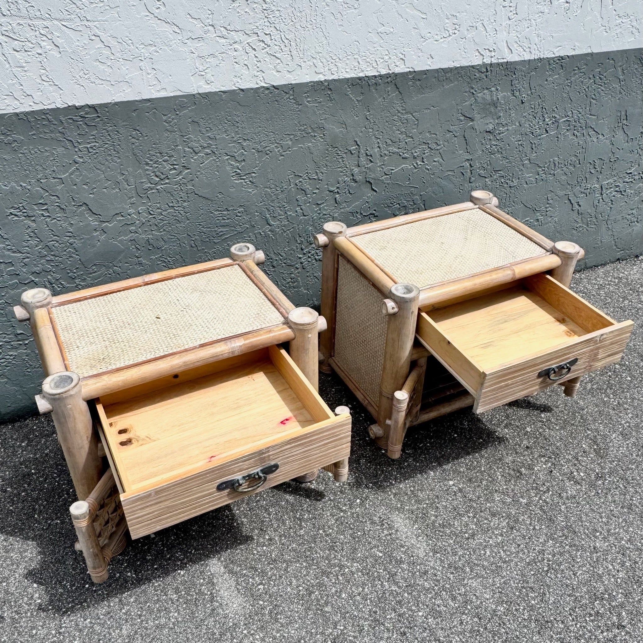 Boho Chic Chunky Bamboo Wicker Nightstands - A Pair Dolphin & Flamingo