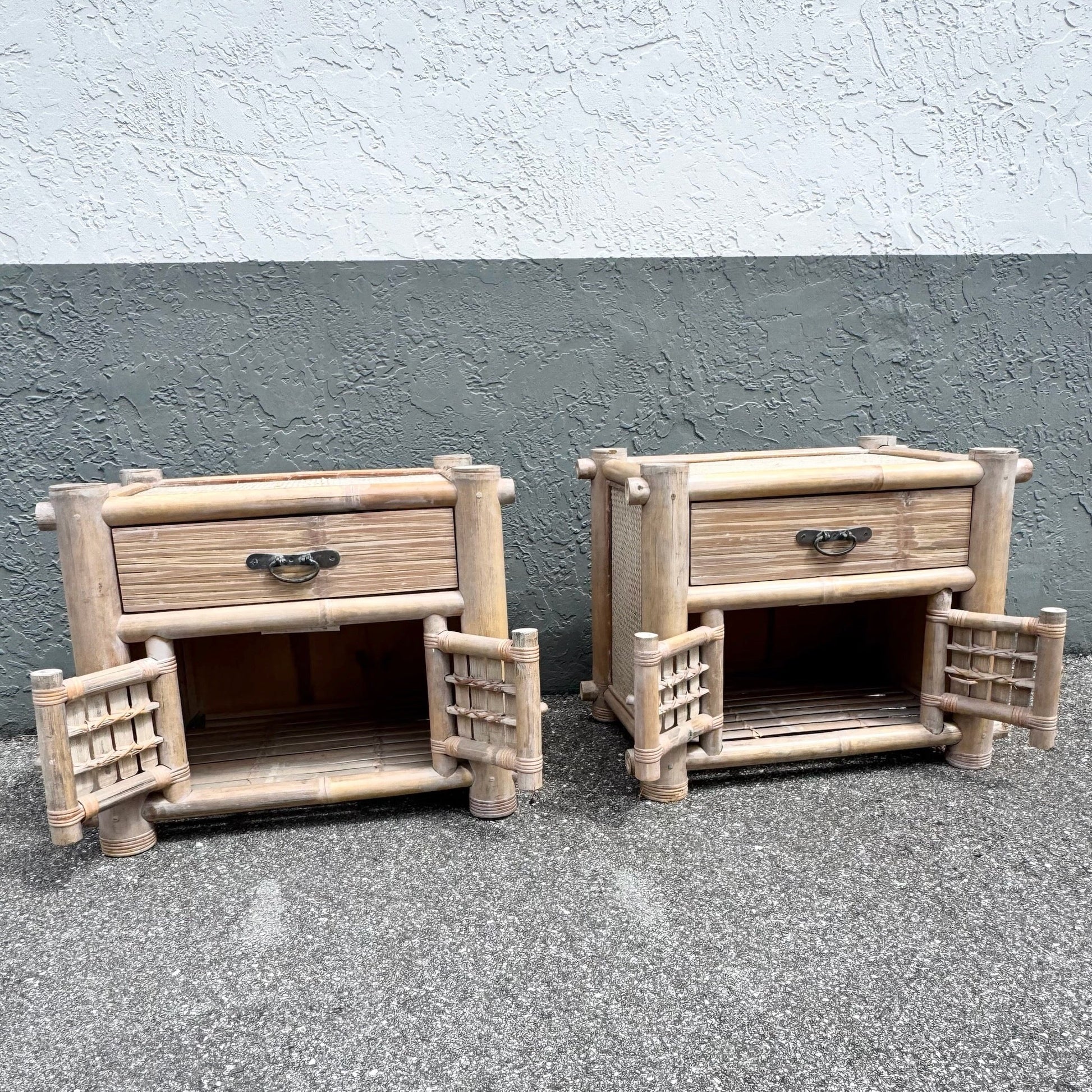 Boho Chic Chunky Bamboo Wicker Nightstands - A Pair Dolphin & Flamingo
