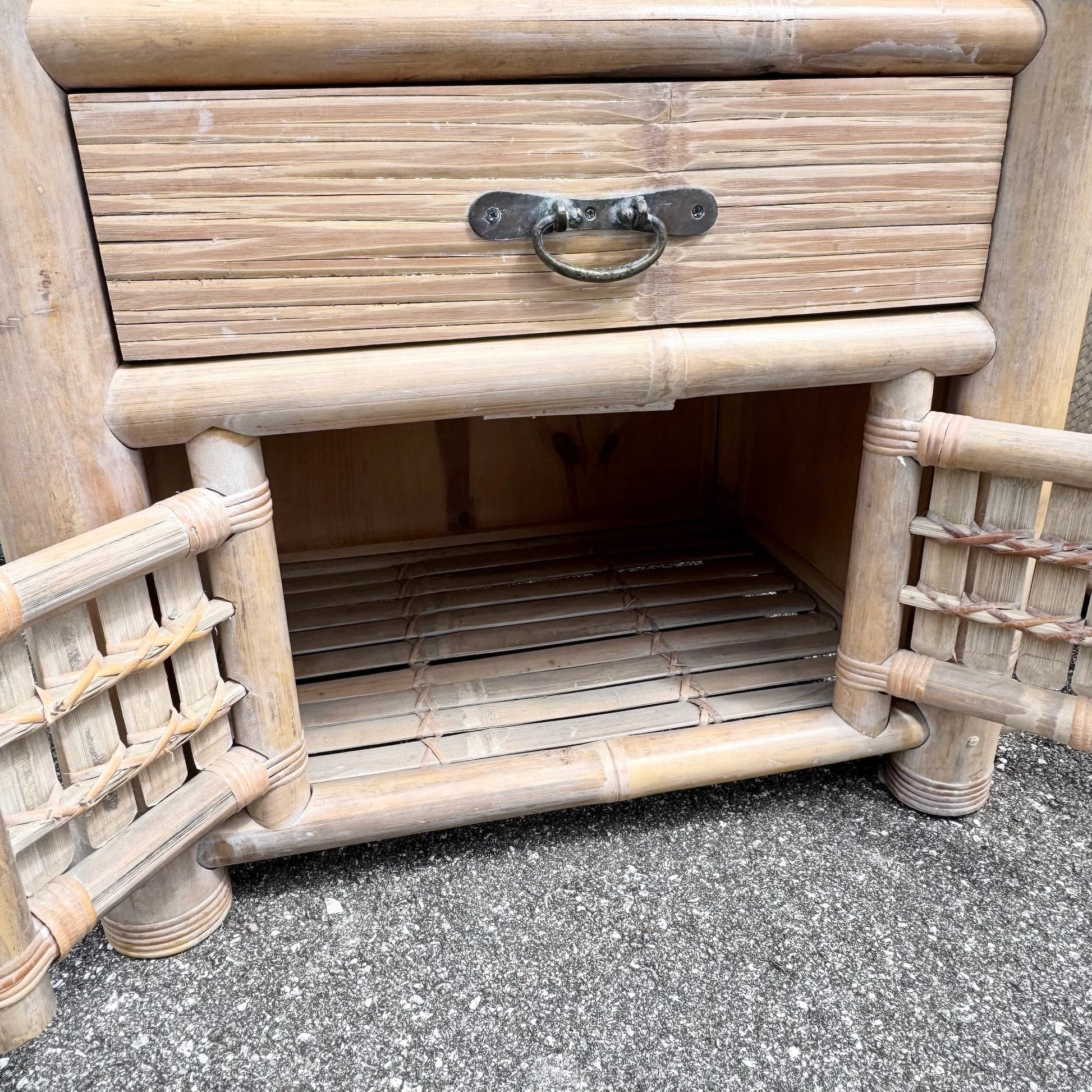 Boho Chic Chunky Bamboo Wicker Nightstands - A Pair Dolphin & Flamingo