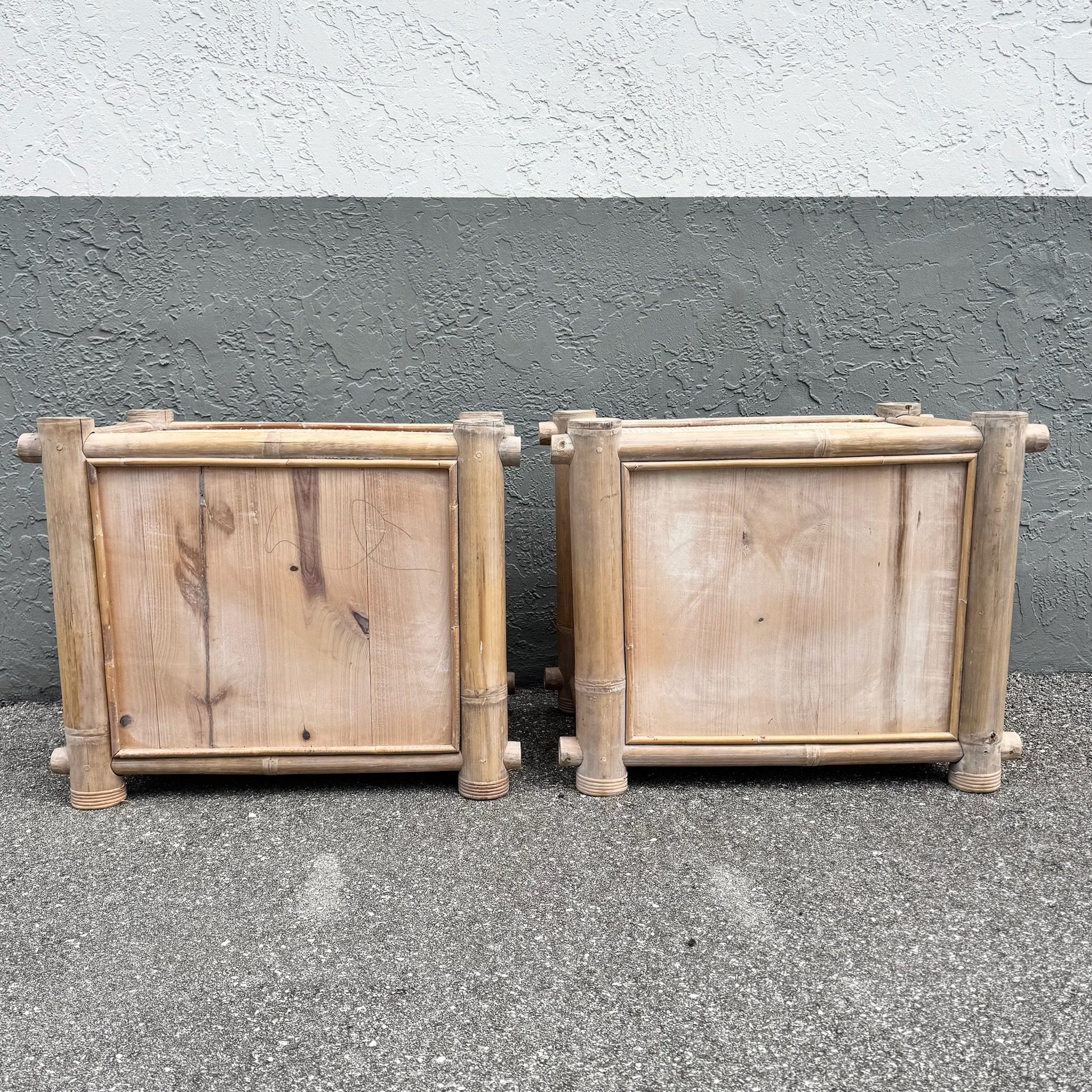 Boho Chic Chunky Bamboo Wicker Nightstands - A Pair Dolphin & Flamingo