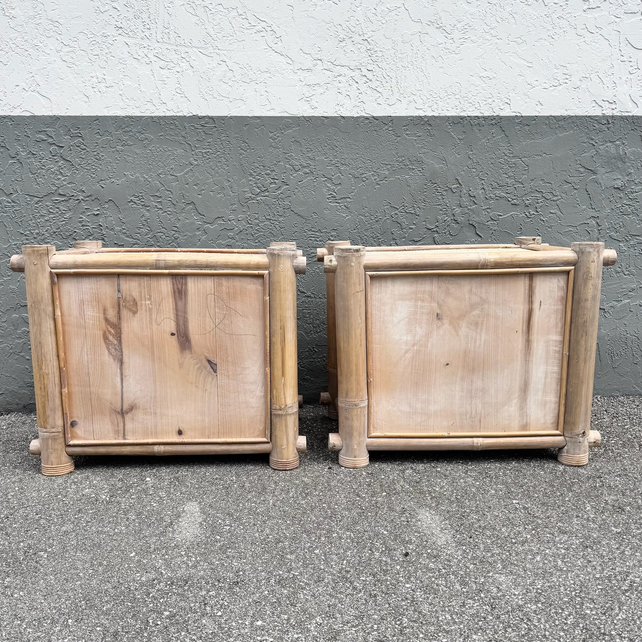 Boho Chic Chunky Bamboo Wicker Nightstands - A Pair Dolphin & Flamingo