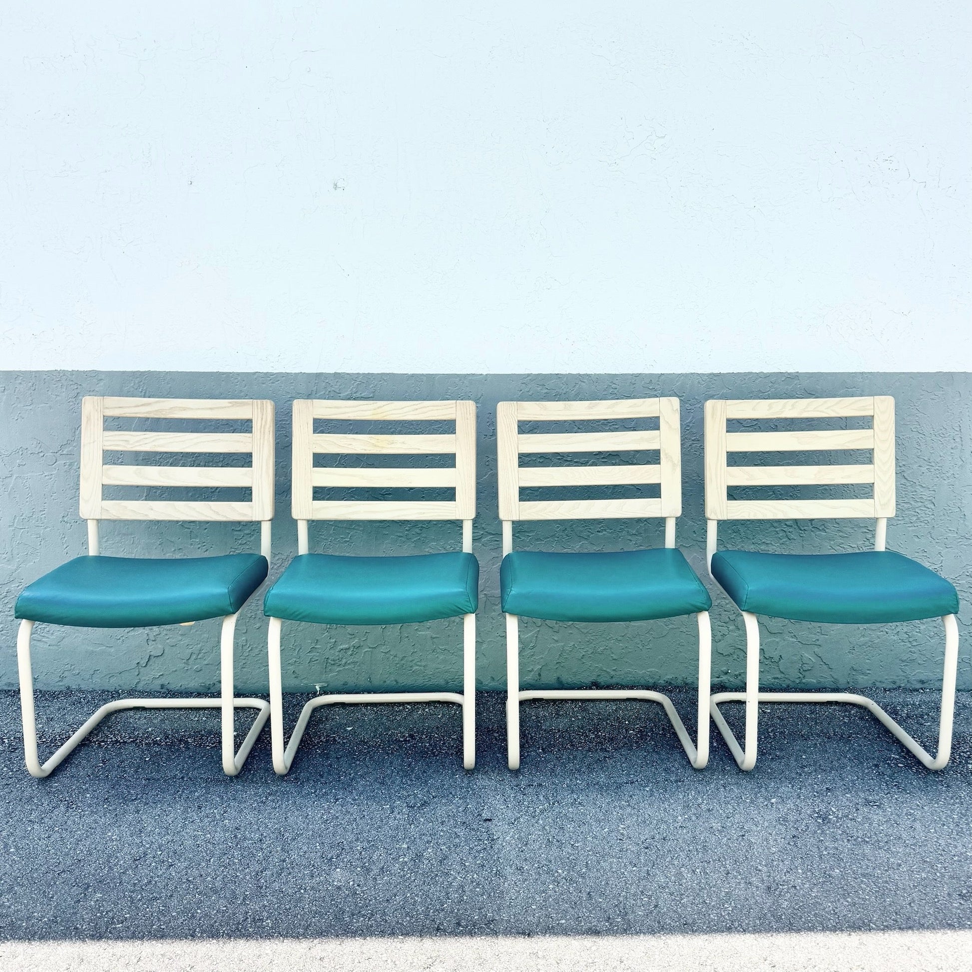 Postmodern Teal and Cream Cantilever Dining Chairs by Chromcraft - Set of 4 Dolphin & Flamingo