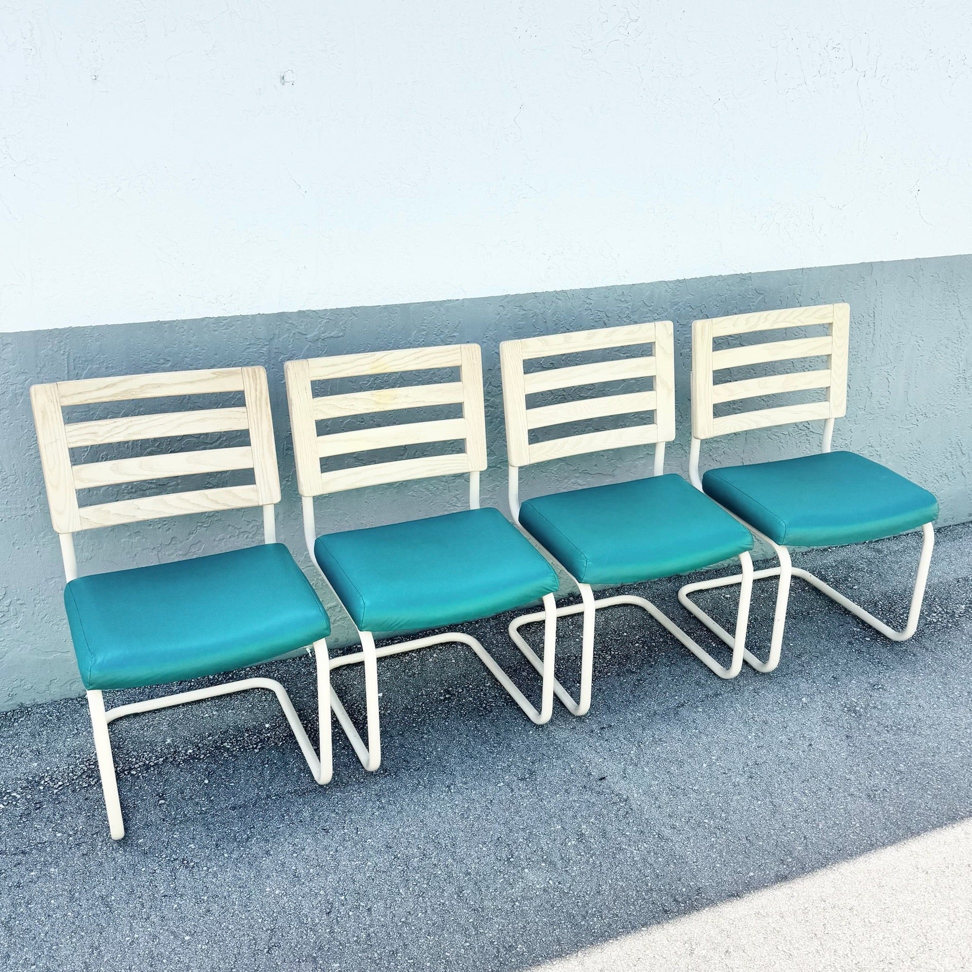 Postmodern Teal and Cream Cantilever Dining Chairs by Chromcraft - Set of 4 Dolphin & Flamingo