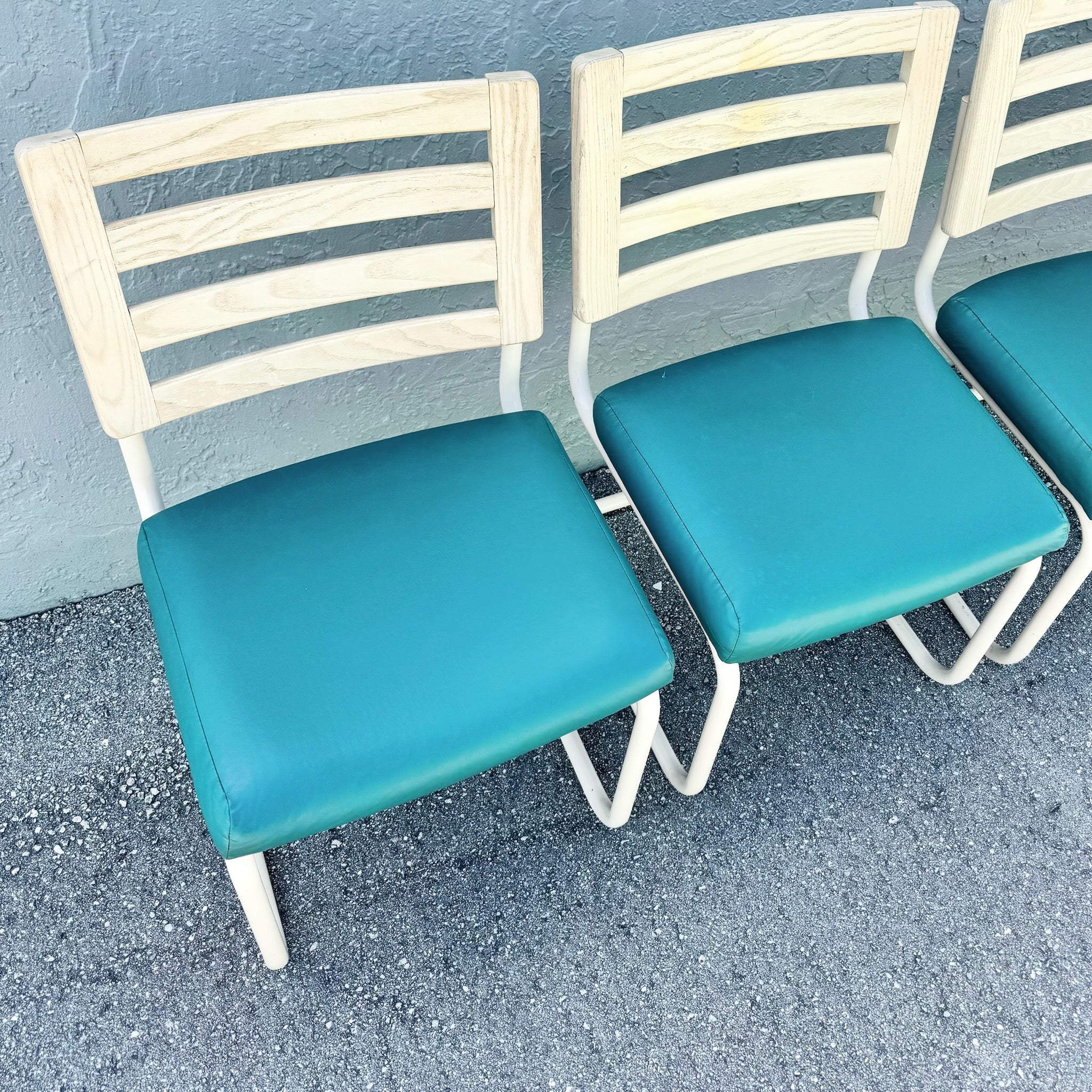 Postmodern Teal and Cream Cantilever Dining Chairs by Chromcraft - Set of 4 Dolphin & Flamingo