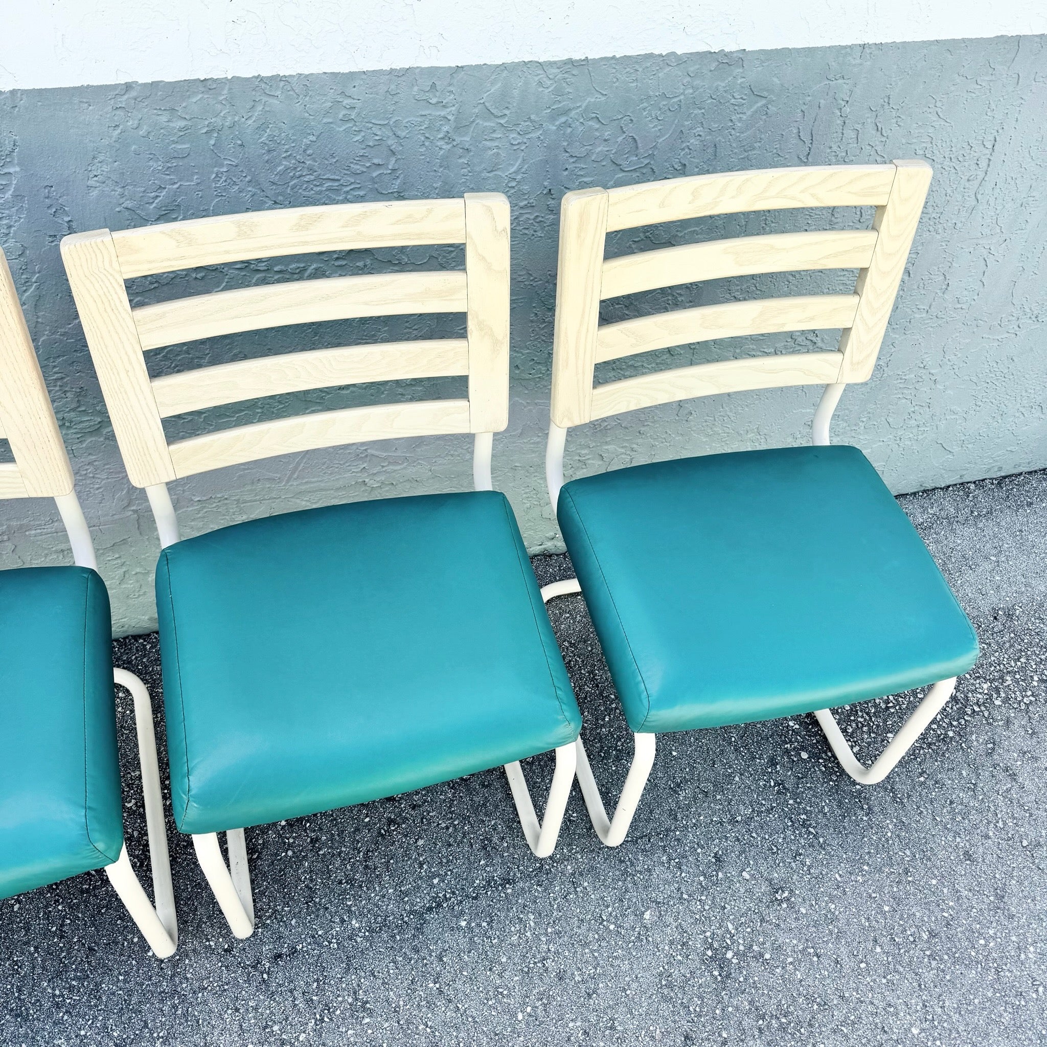 Postmodern Teal and Cream Cantilever Dining Chairs by Chromcraft - Set of 4 Dolphin & Flamingo