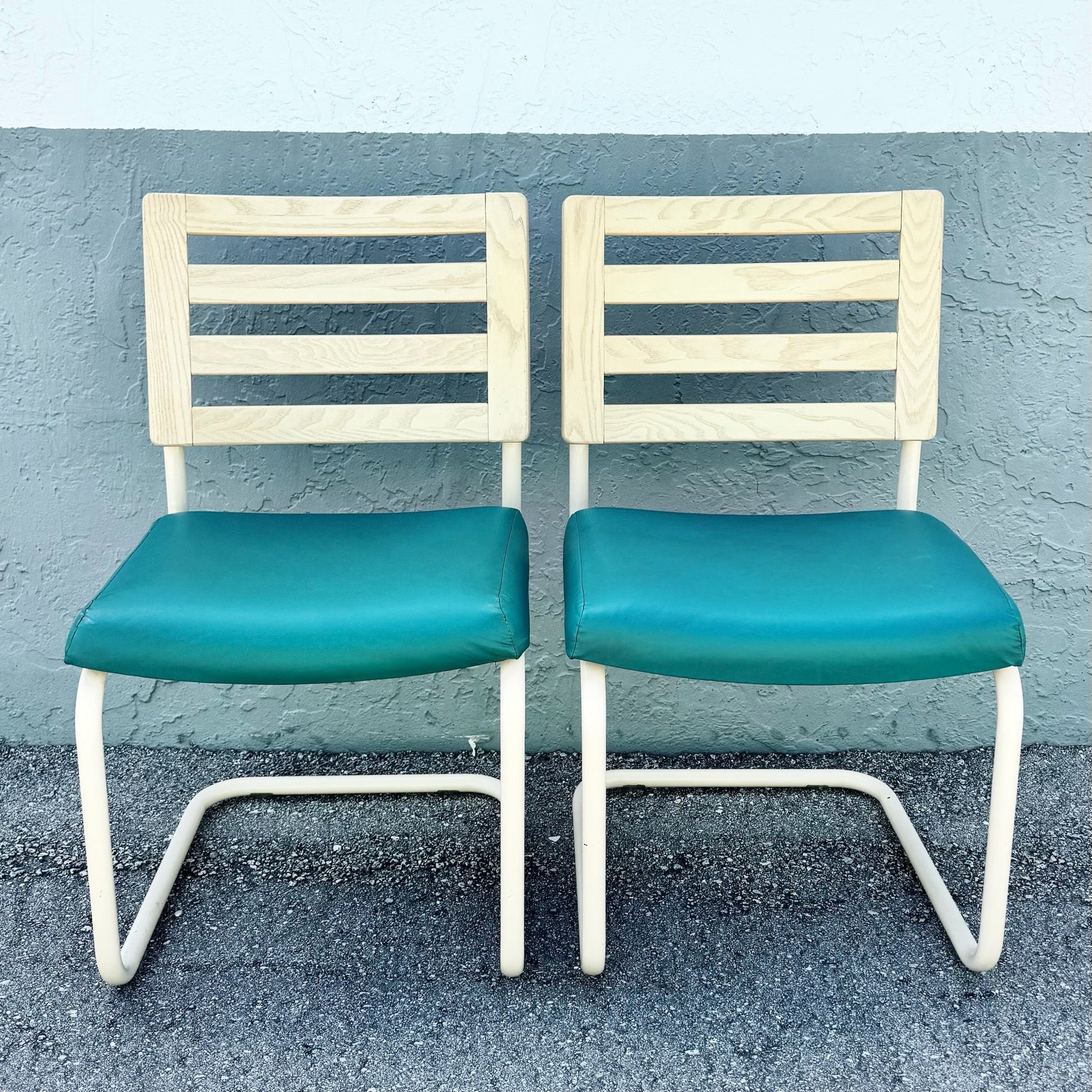 Postmodern Teal and Cream Cantilever Dining Chairs by Chromcraft - Set of 4 Dolphin & Flamingo