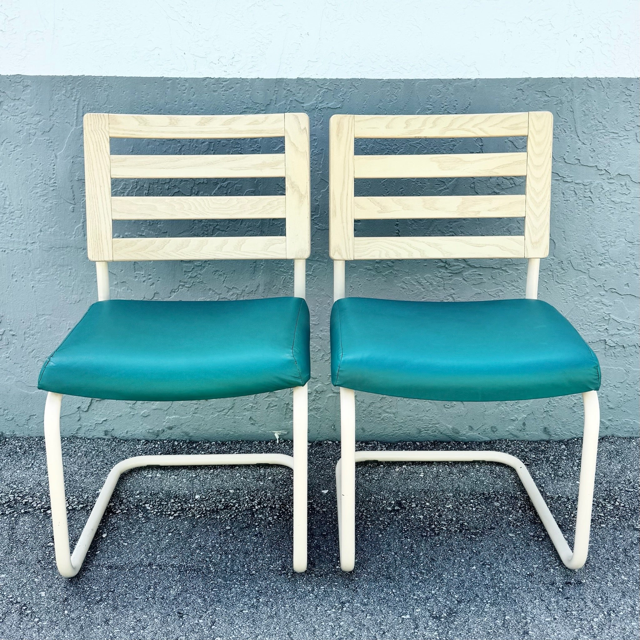 Postmodern Teal and Cream Cantilever Dining Chairs by Chromcraft - Set of 4 Dolphin & Flamingo