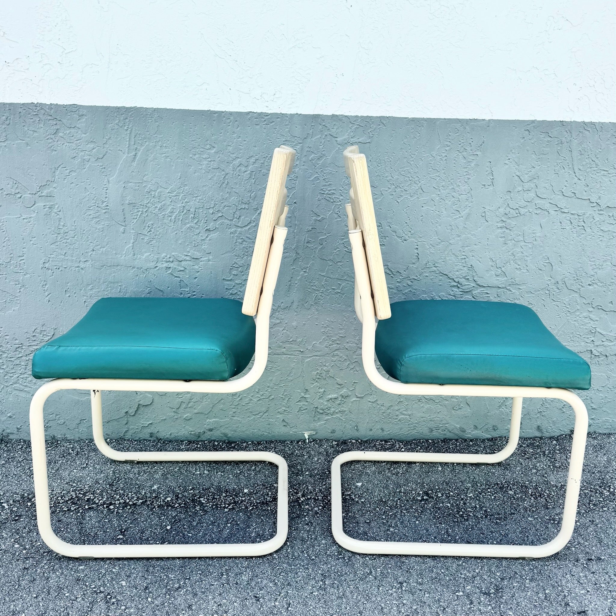Postmodern Teal and Cream Cantilever Dining Chairs by Chromcraft - Set of 4 Dolphin & Flamingo