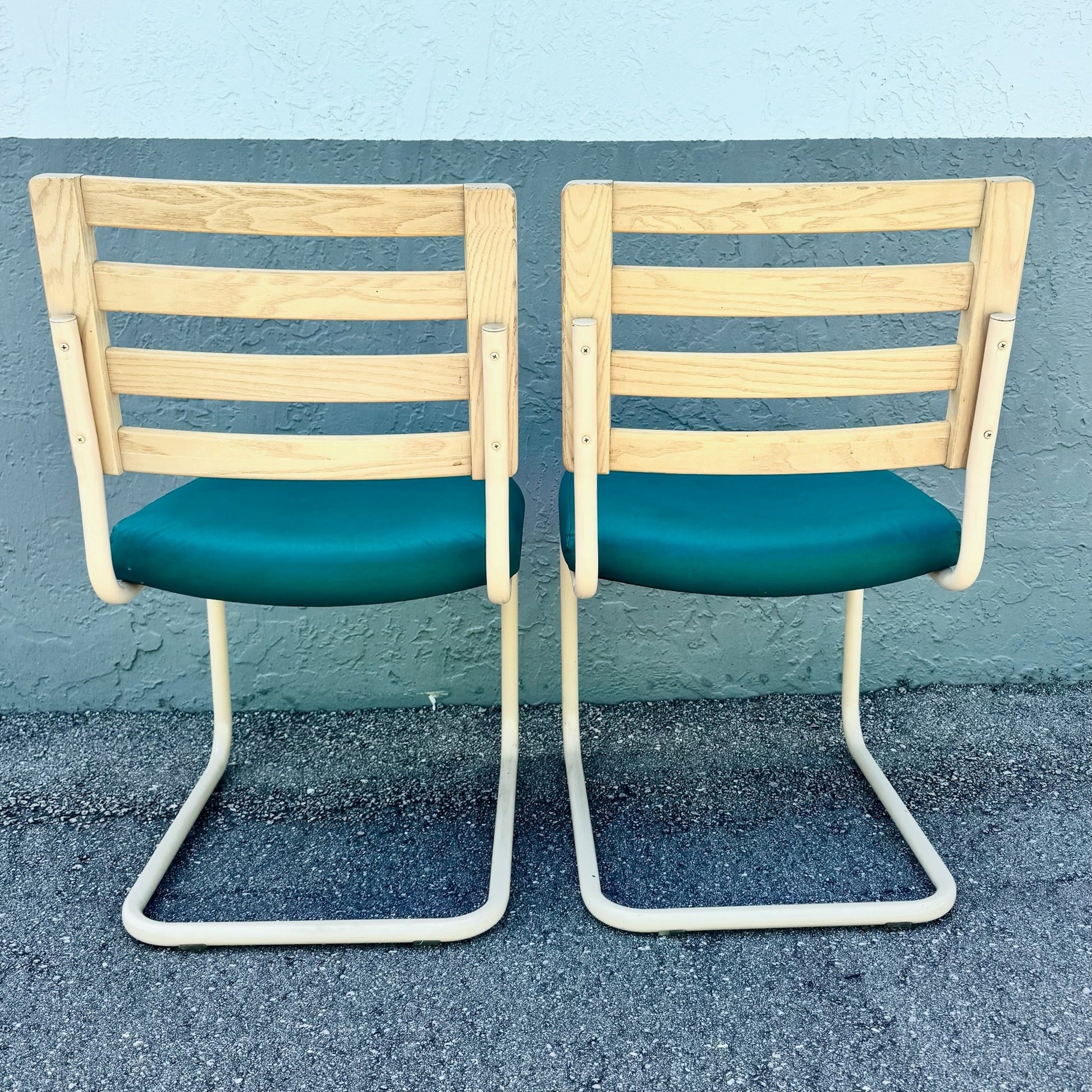 Postmodern Teal and Cream Cantilever Dining Chairs by Chromcraft - Set of 4 Dolphin & Flamingo