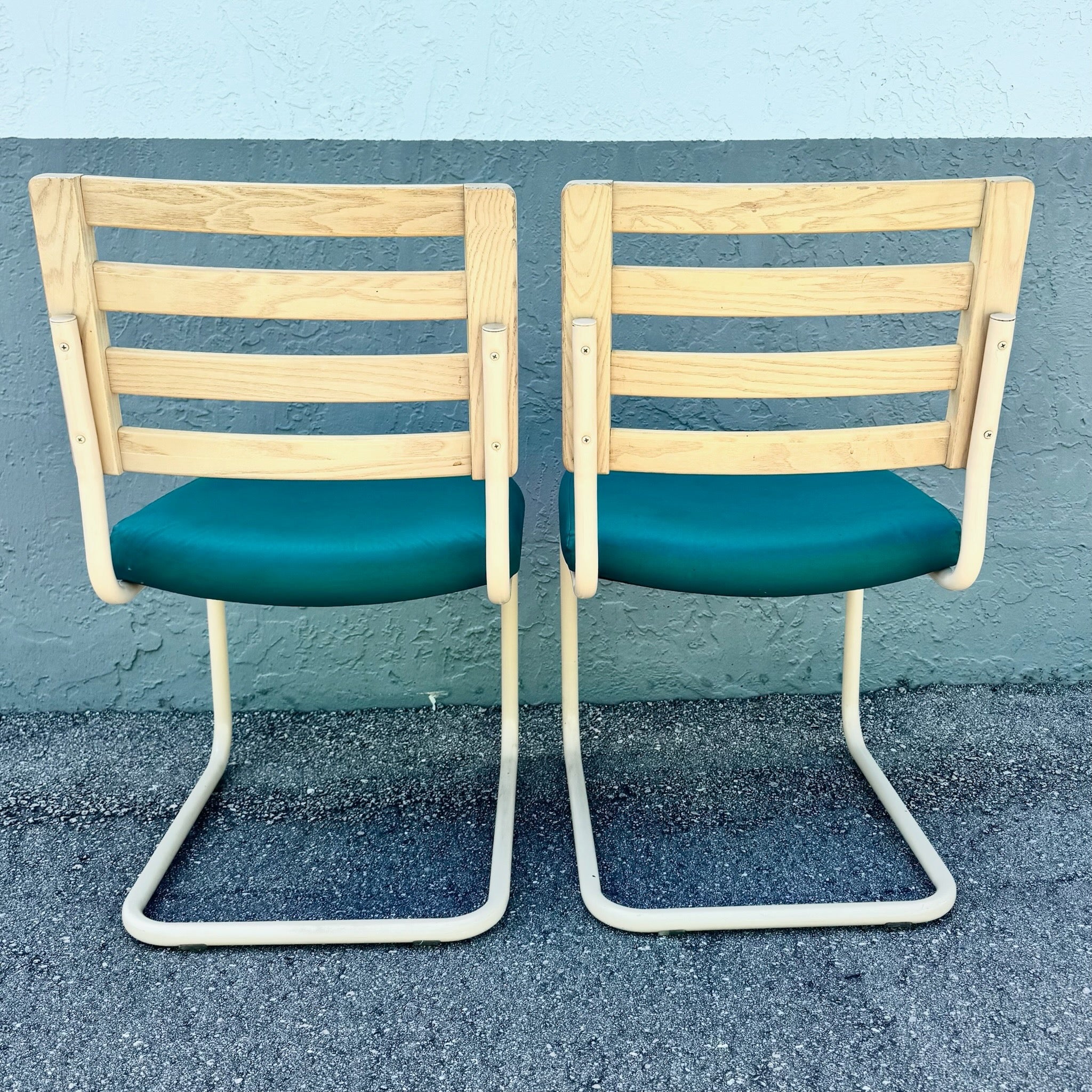 Postmodern Teal and Cream Cantilever Dining Chairs by Chromcraft - Set of 4 Dolphin & Flamingo