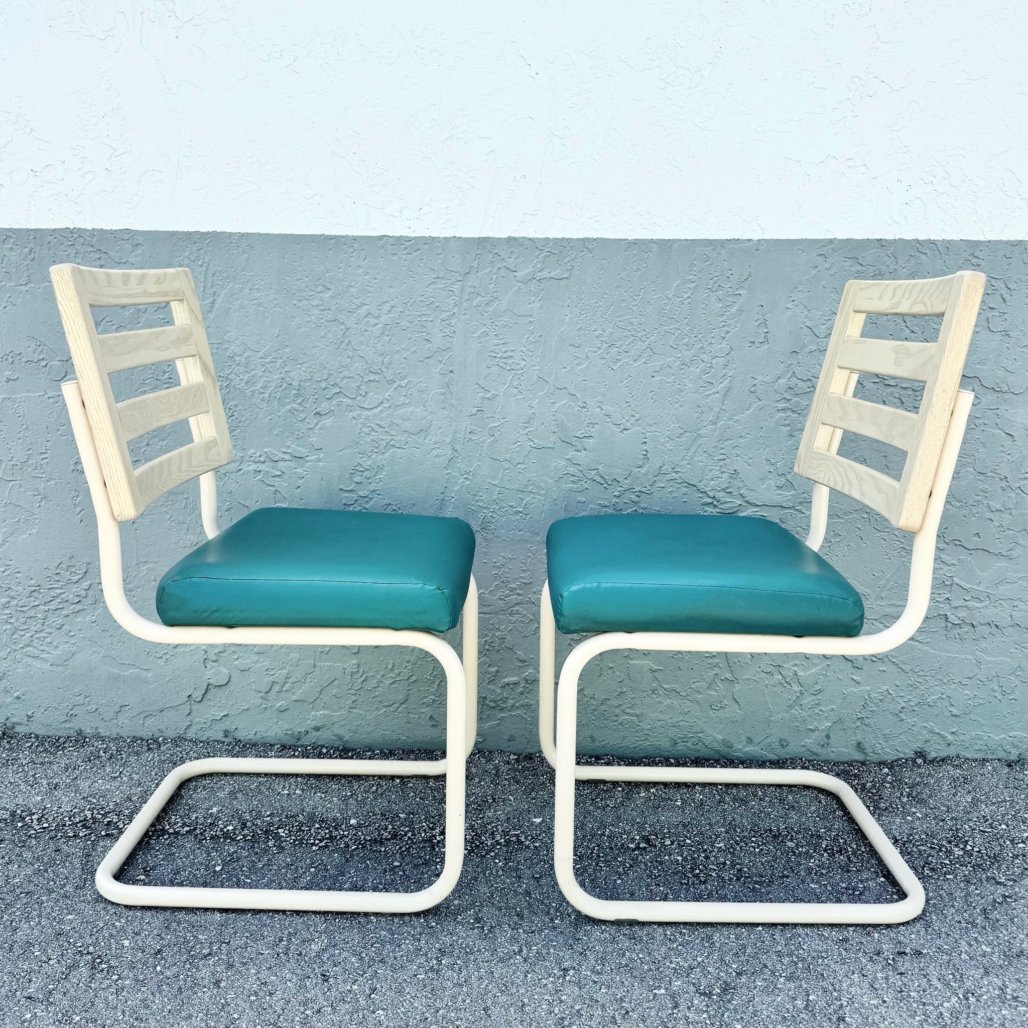 Postmodern Teal and Cream Cantilever Dining Chairs by Chromcraft - Set of 4 Dolphin & Flamingo