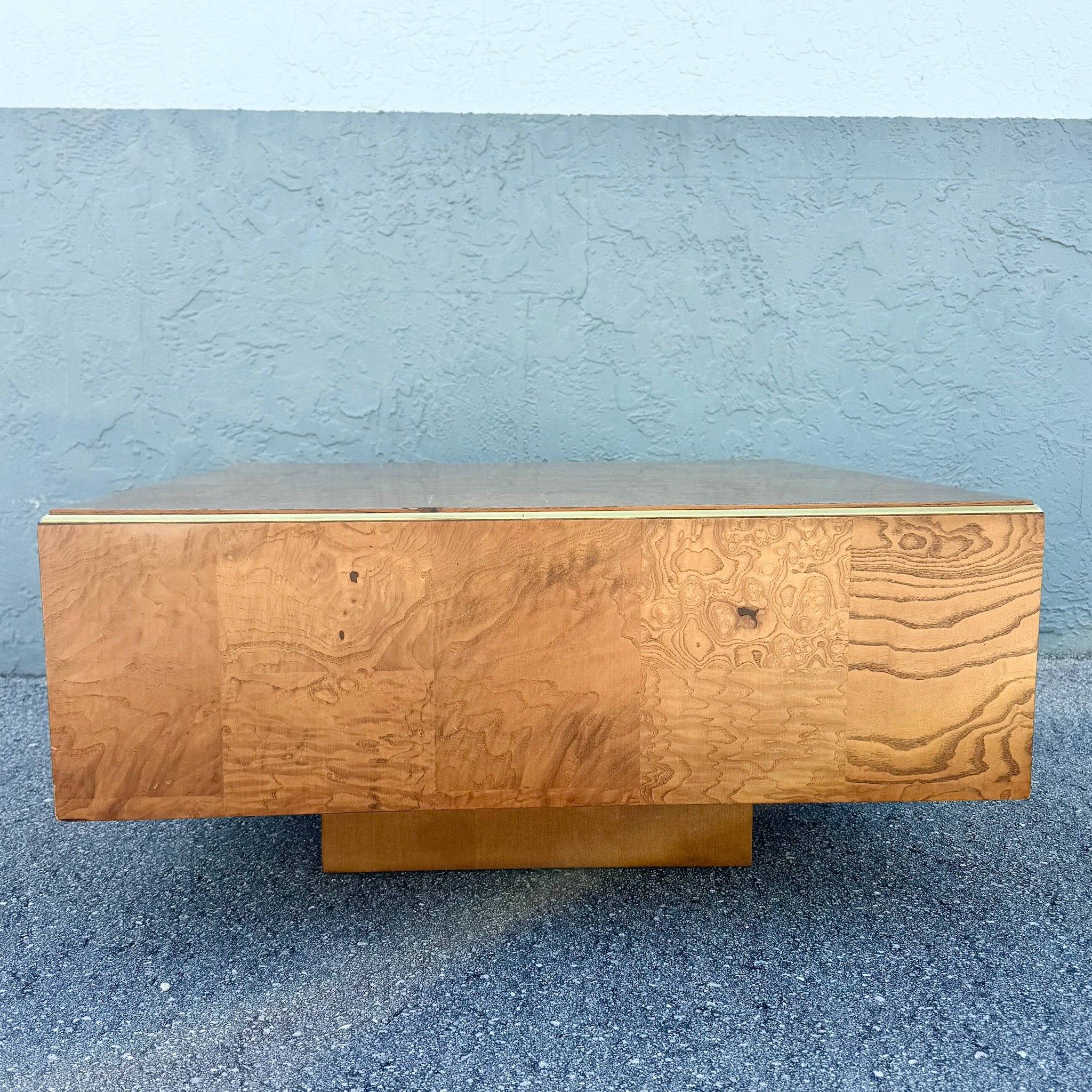 Hollywood Regency Burlwood Coffee Table With Gold Accent Dolphin & Flamingo