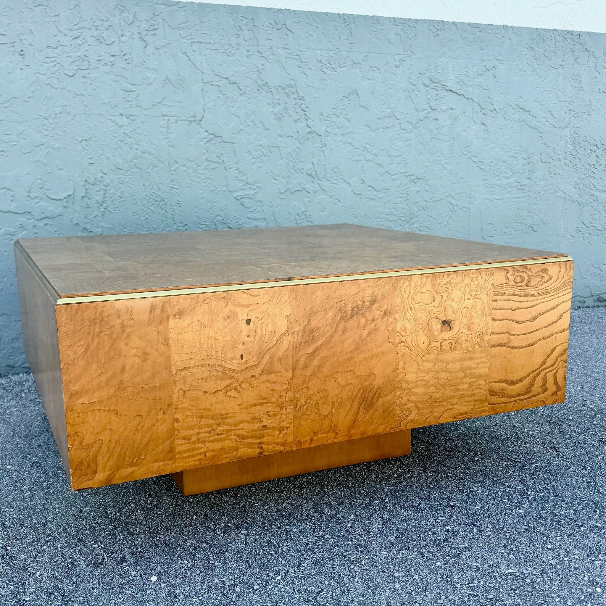 Hollywood Regency Burlwood Coffee Table With Gold Accent Dolphin & Flamingo