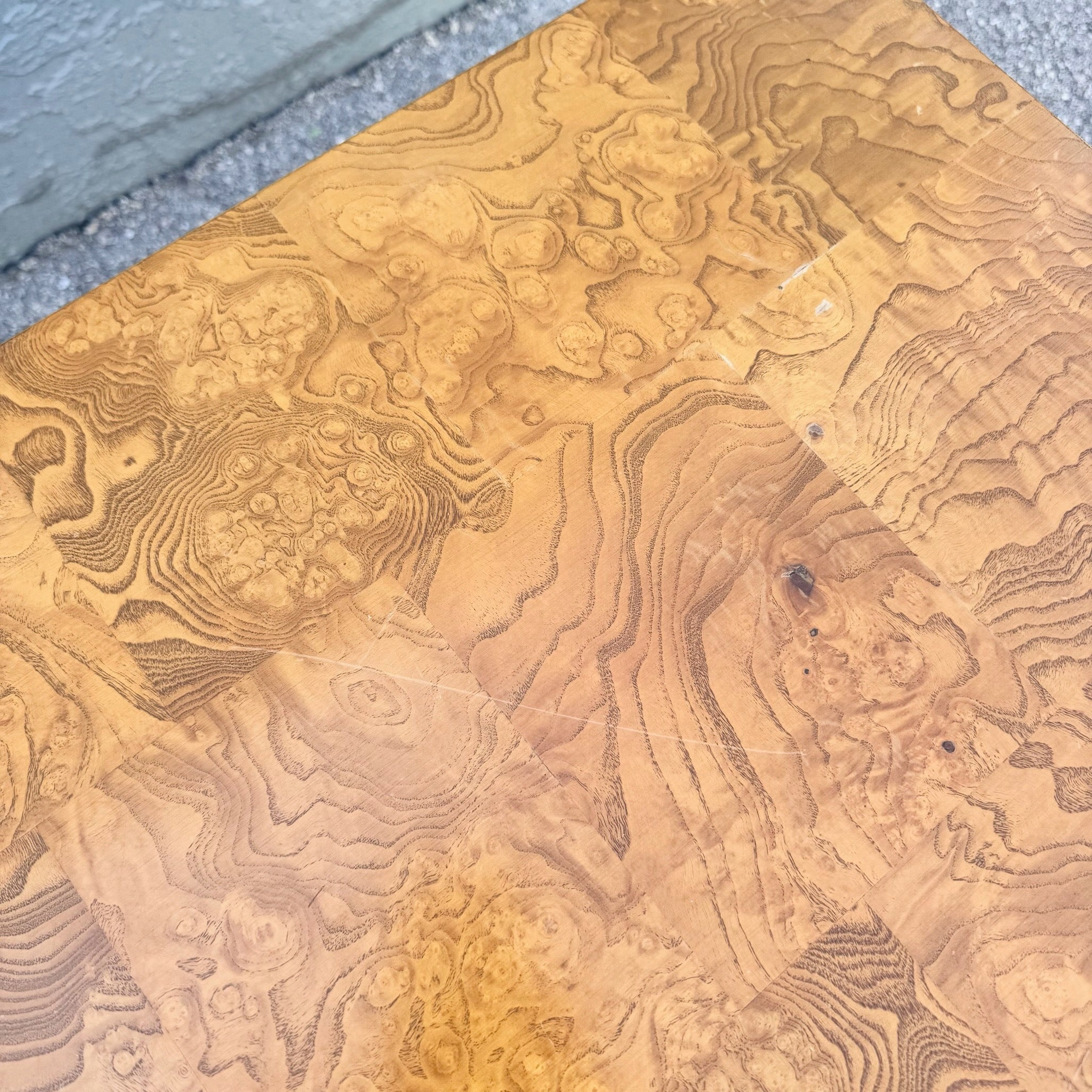 Hollywood Regency Burlwood Coffee Table With Gold Accent Dolphin & Flamingo