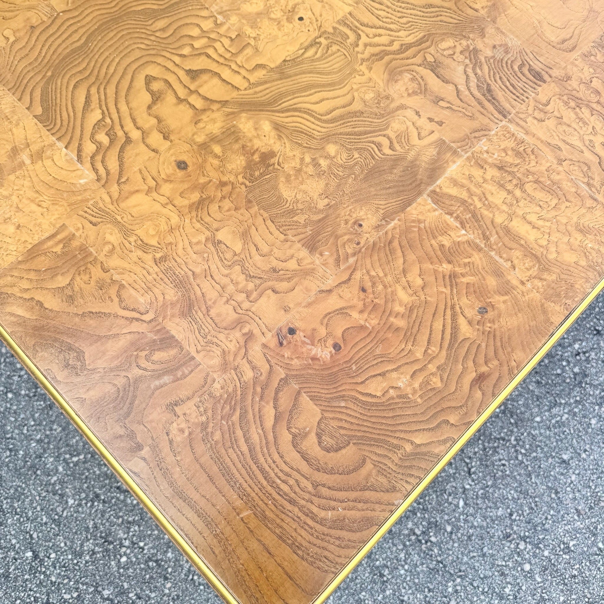 Hollywood Regency Burlwood Coffee Table With Gold Accent Dolphin & Flamingo