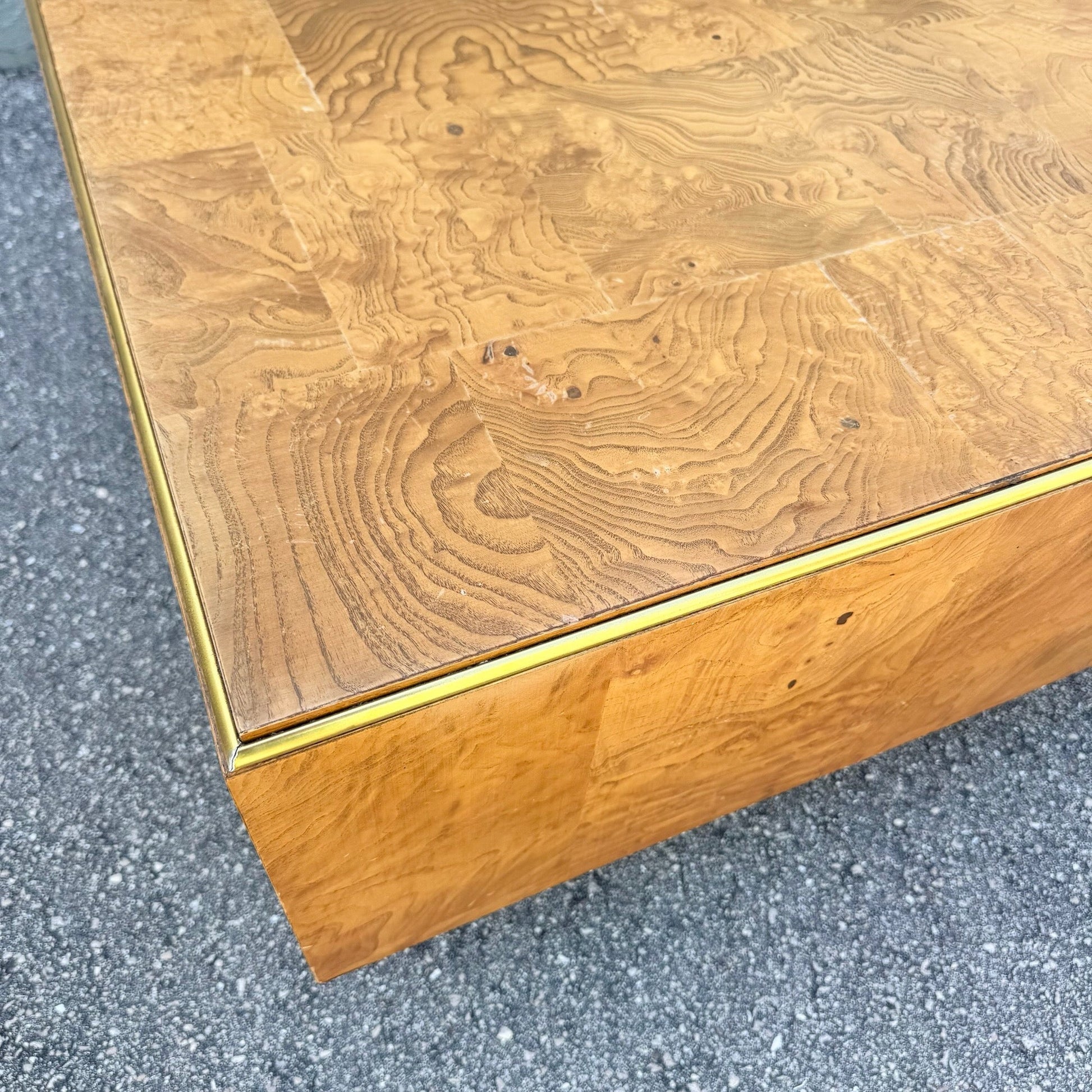 Hollywood Regency Burlwood Coffee Table With Gold Accent Dolphin & Flamingo