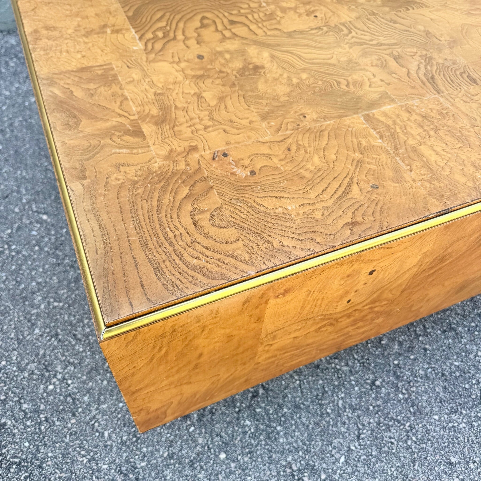 Hollywood Regency Burlwood Coffee Table With Gold Accent Dolphin & Flamingo