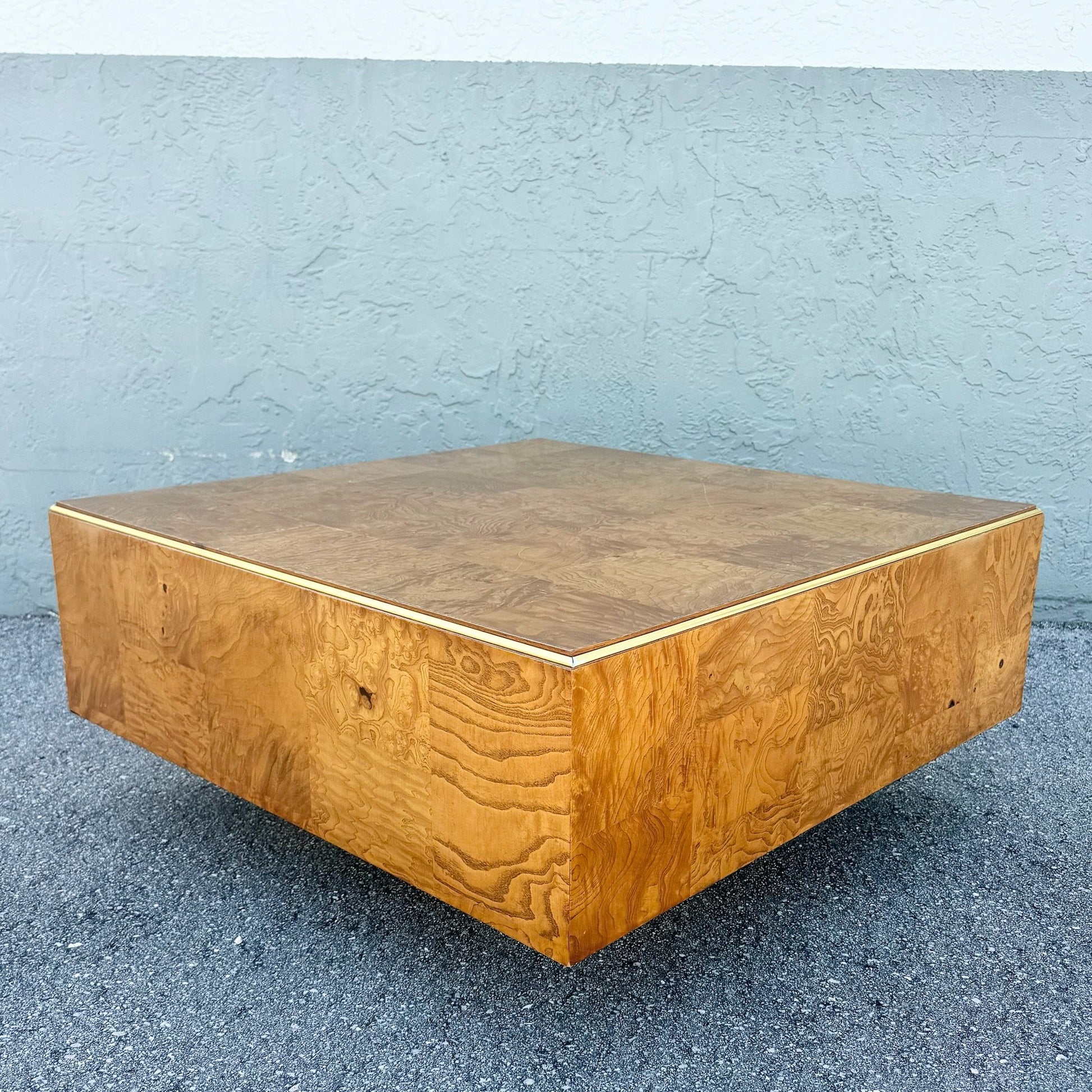 Hollywood Regency Burlwood Coffee Table With Gold Accent Dolphin & Flamingo
