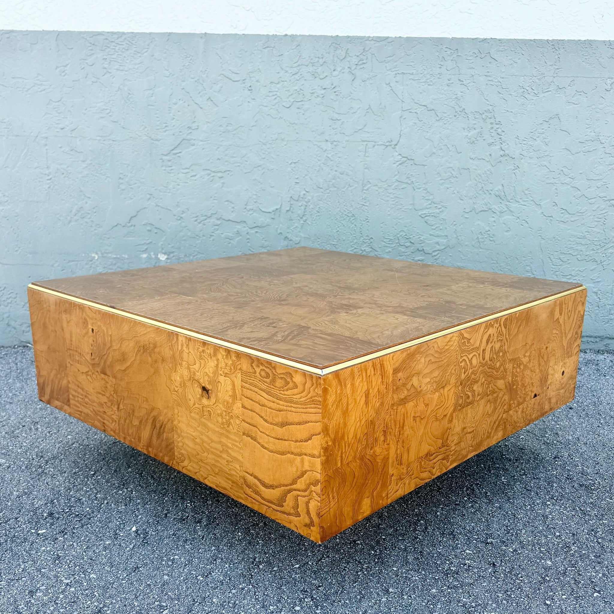 Hollywood Regency Burlwood Coffee Table With Gold Accent Dolphin & Flamingo
