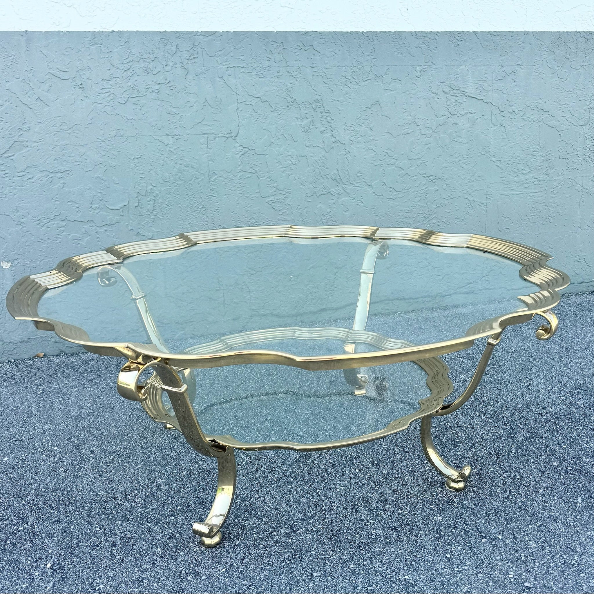 Vintage Hollywood Regency Gold and Glass Two Tier Coffee Table Dolphin & Flamingo