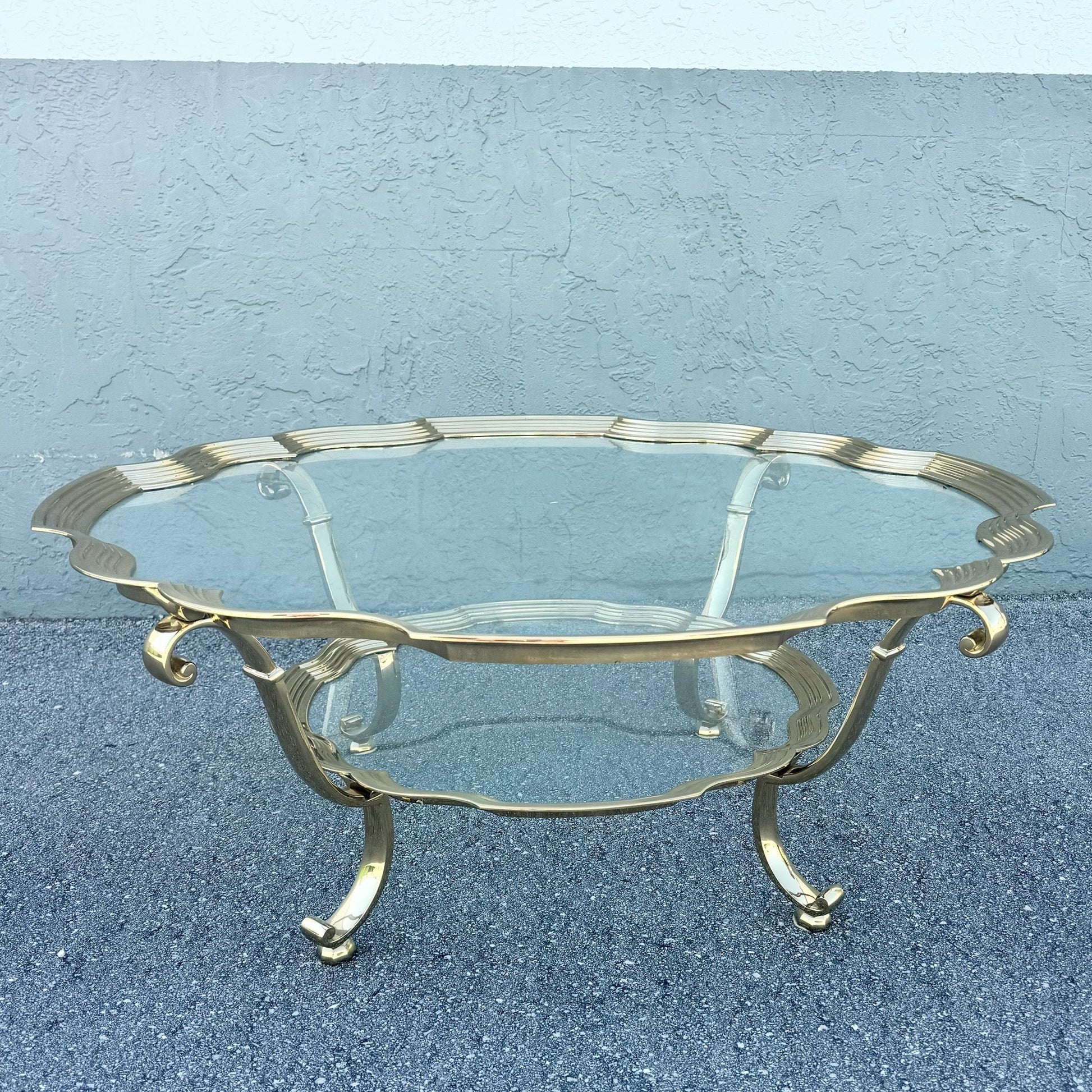 Vintage Hollywood Regency Gold and Glass Two Tier Coffee Table Dolphin & Flamingo