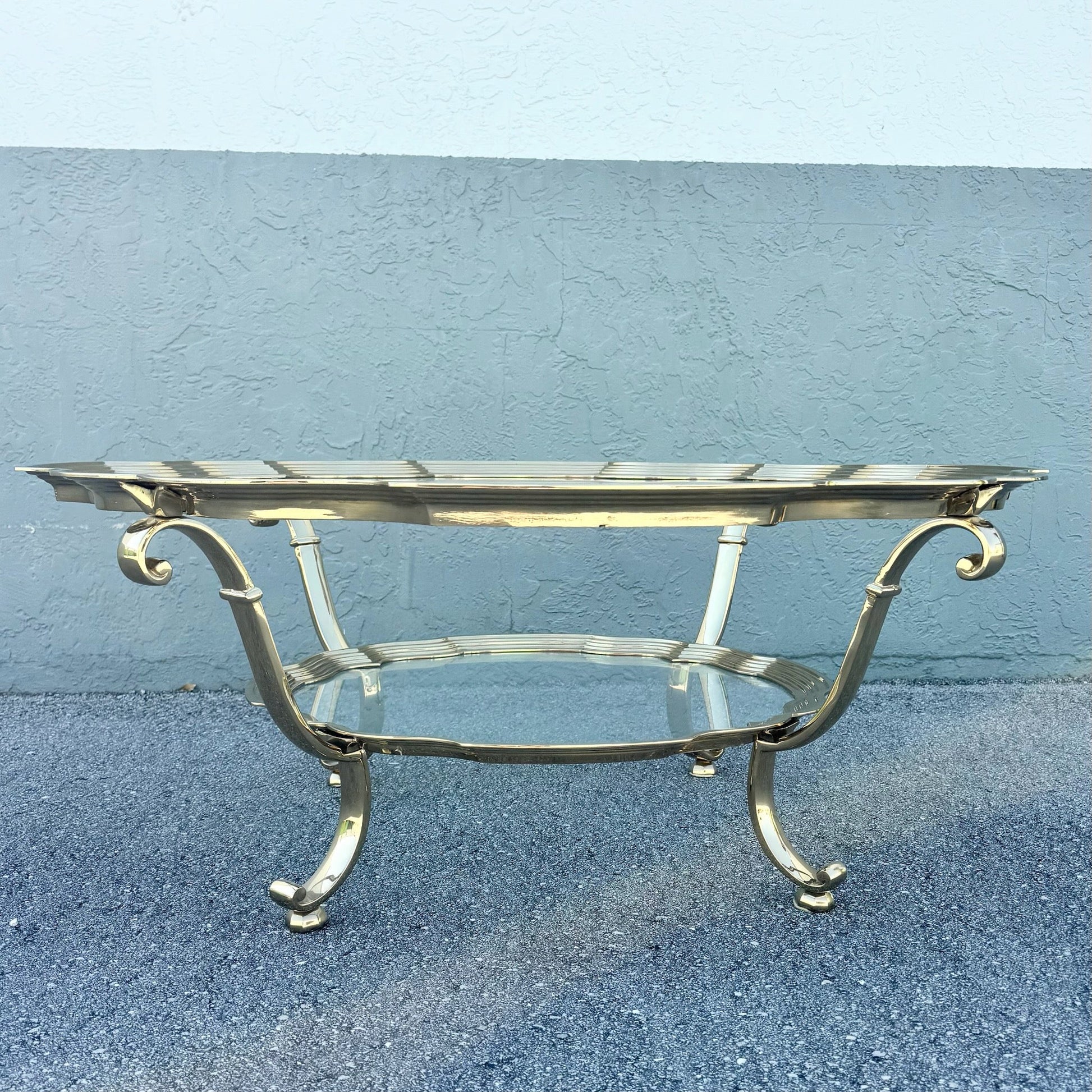 Vintage Hollywood Regency Gold and Glass Two Tier Coffee Table Dolphin & Flamingo