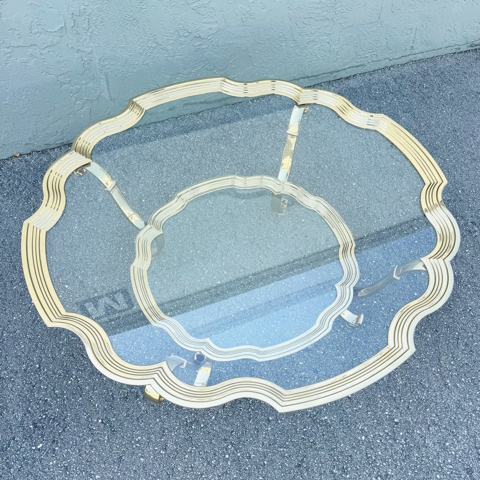 Vintage Hollywood Regency Gold and Glass Two Tier Coffee Table Dolphin & Flamingo