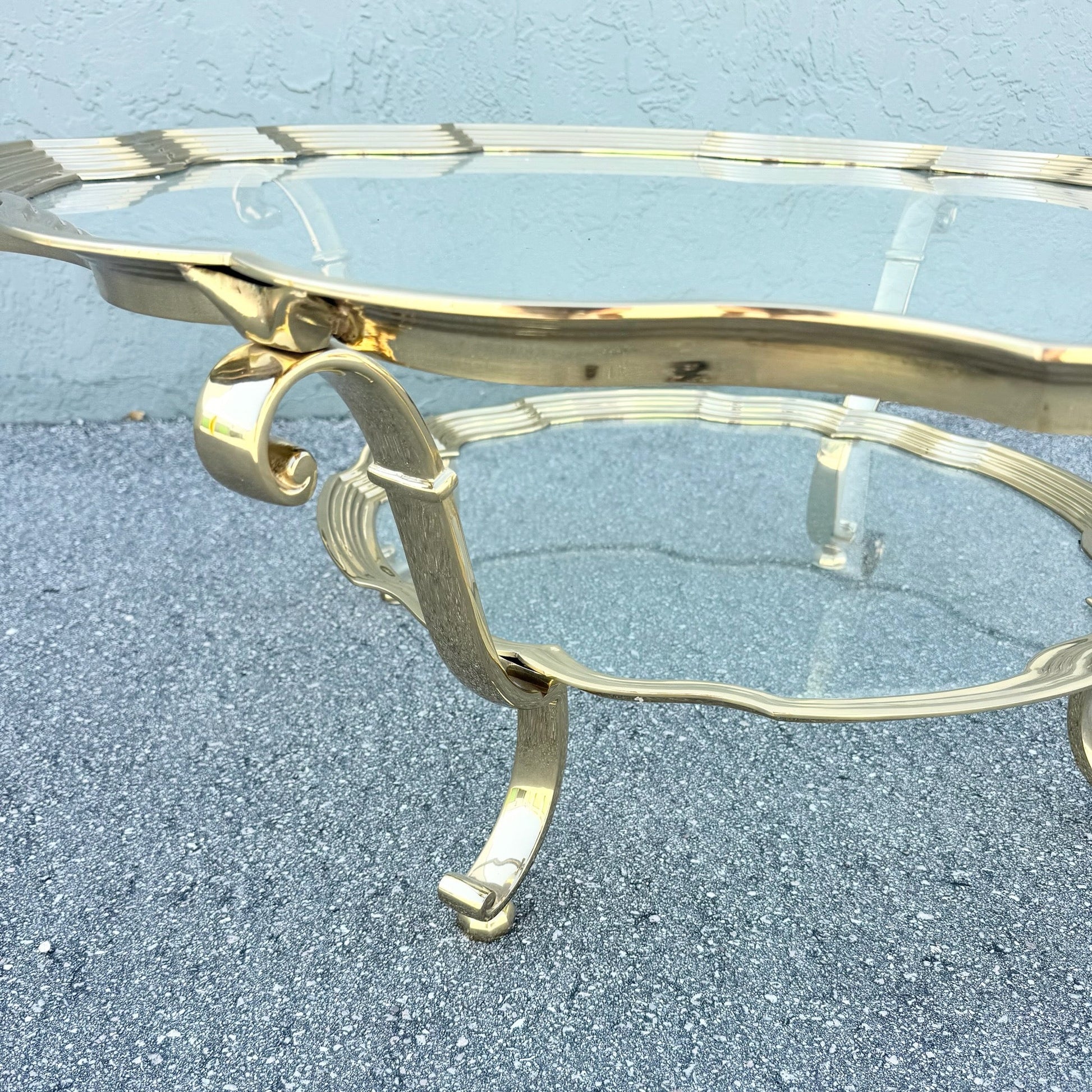 Vintage Hollywood Regency Gold and Glass Two Tier Coffee Table Dolphin & Flamingo