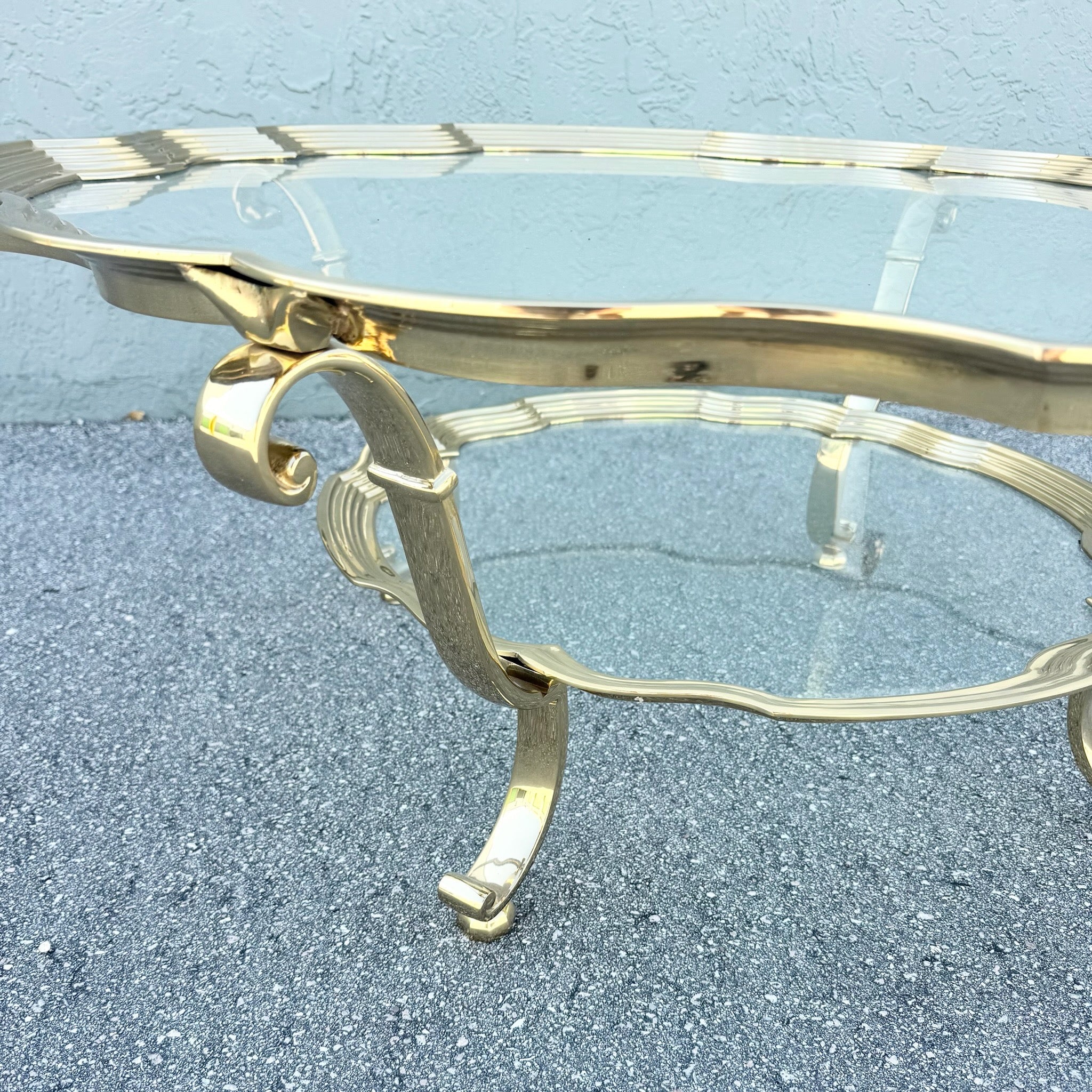 Vintage Hollywood Regency Gold and Glass Two Tier Coffee Table Dolphin & Flamingo