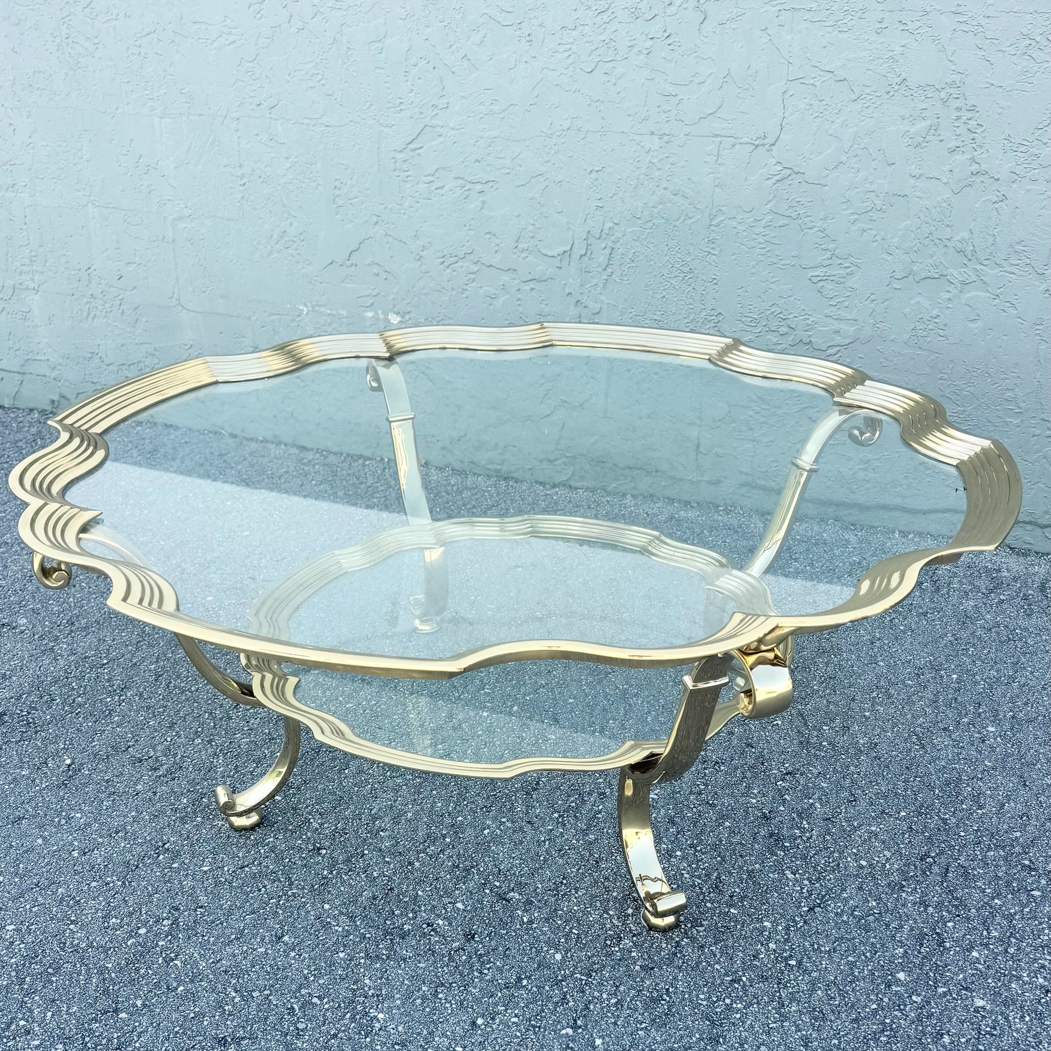 Vintage Hollywood Regency Gold and Glass Two Tier Coffee Table Dolphin & Flamingo
