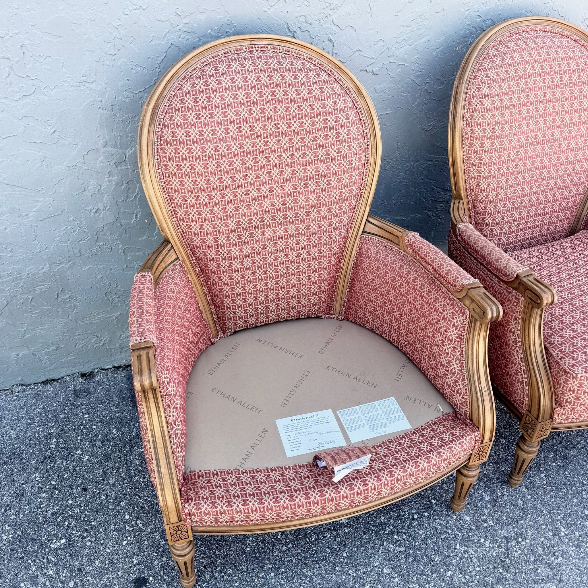 Vintage French Provincial Lounge Chairs by Ethan Allen - A Pair Dolphin & Flamingo