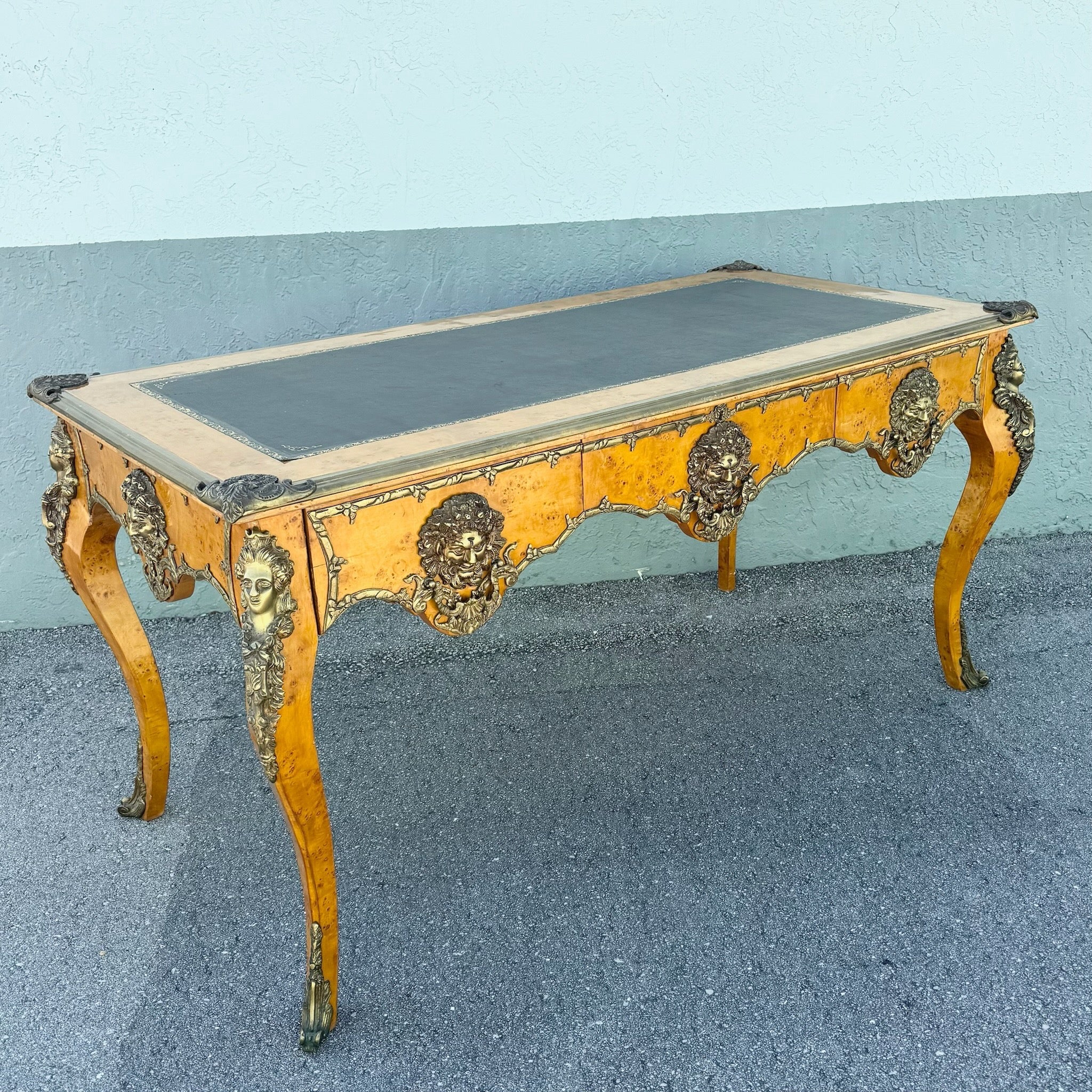 Vintage Louis the Xv Style Leather Top Burlwood and Brass Writing Desk Dolphin & Flamingo