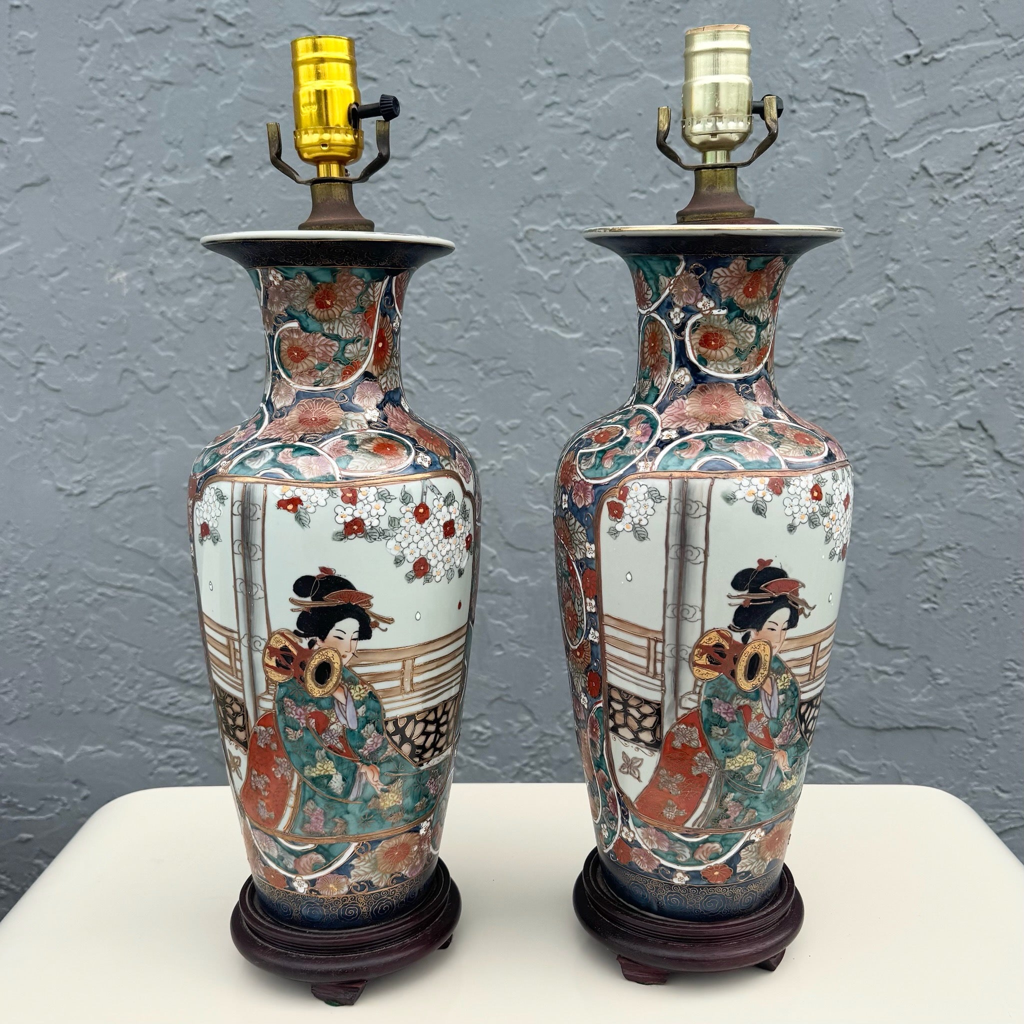 Vintage Chinese Hand Painted Porcelain Table Lamps - A Pair Dolphin & Flamingo