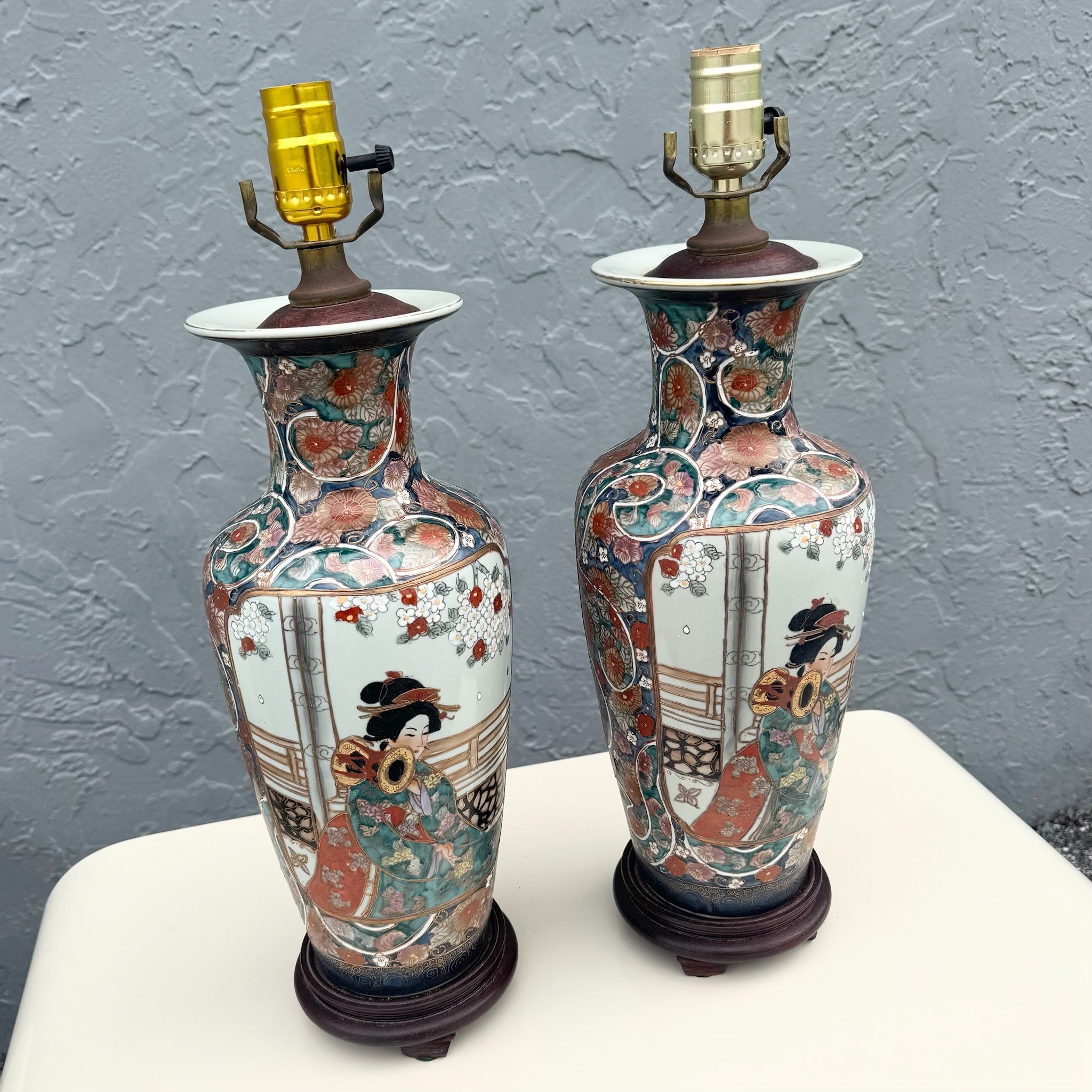 Vintage Chinese Hand Painted Porcelain Table Lamps - A Pair Dolphin & Flamingo