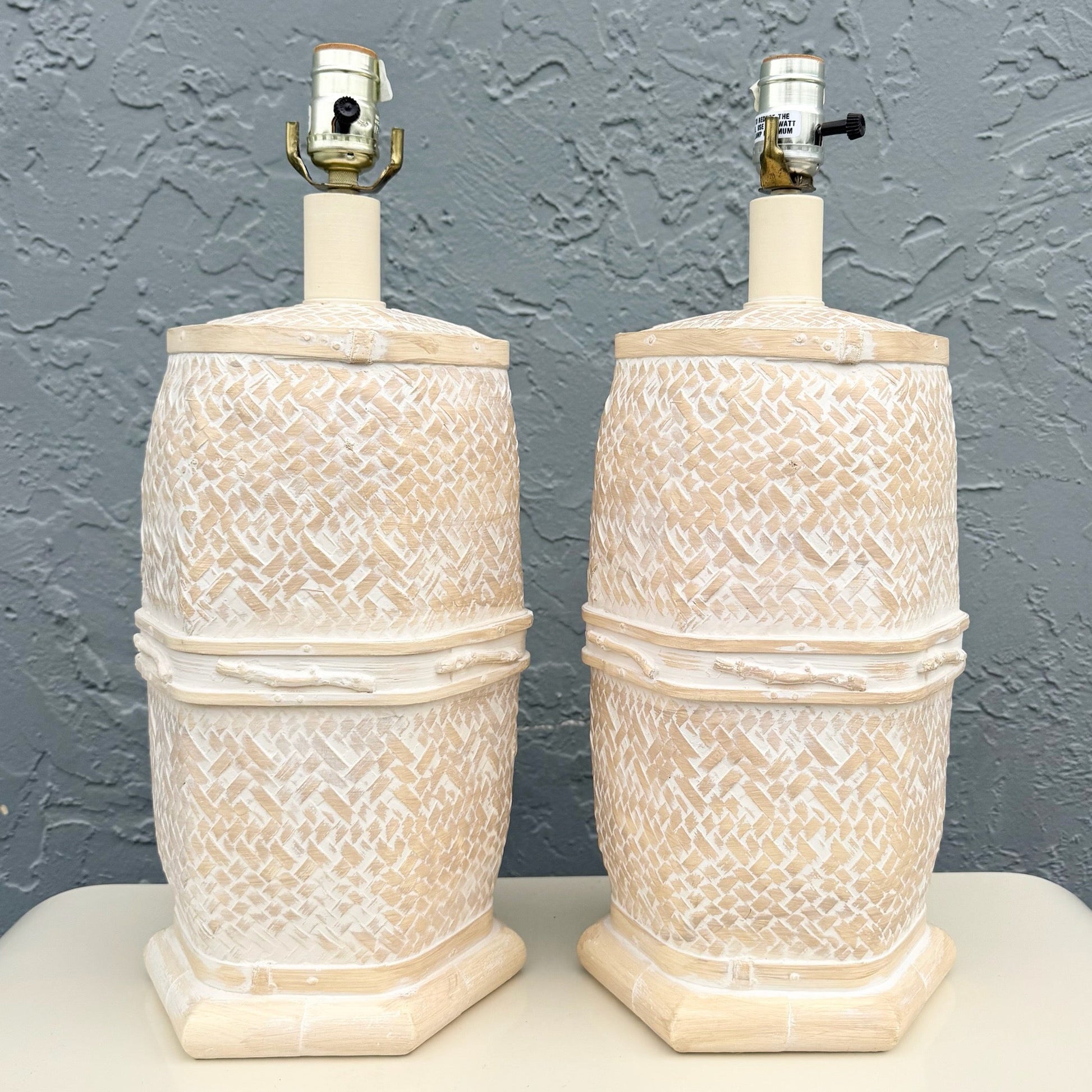 Vintage Boho Chic Ceramic Faux Bamboo and Wicker Table Lamps - A Pair Dolphin & Flamingo