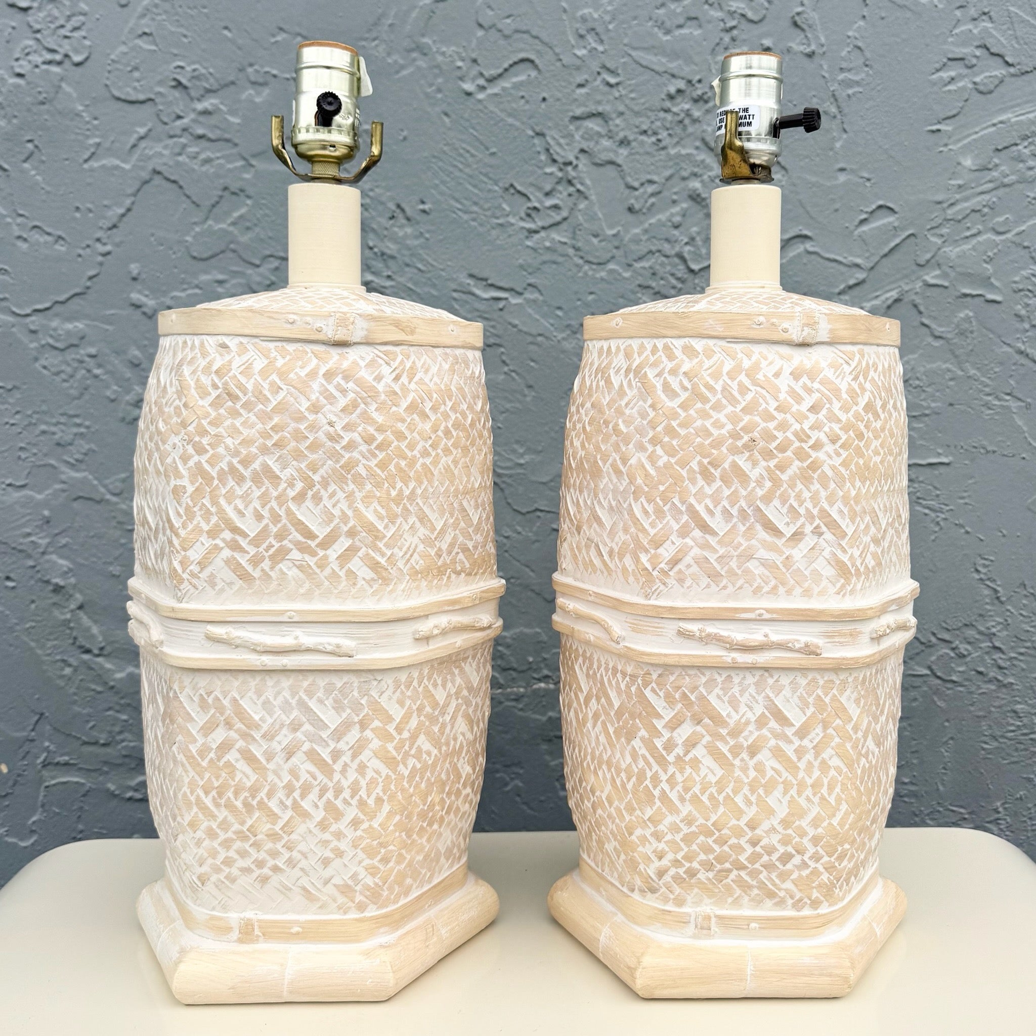 Vintage Boho Chic Ceramic Faux Bamboo and Wicker Table Lamps - A Pair Dolphin & Flamingo