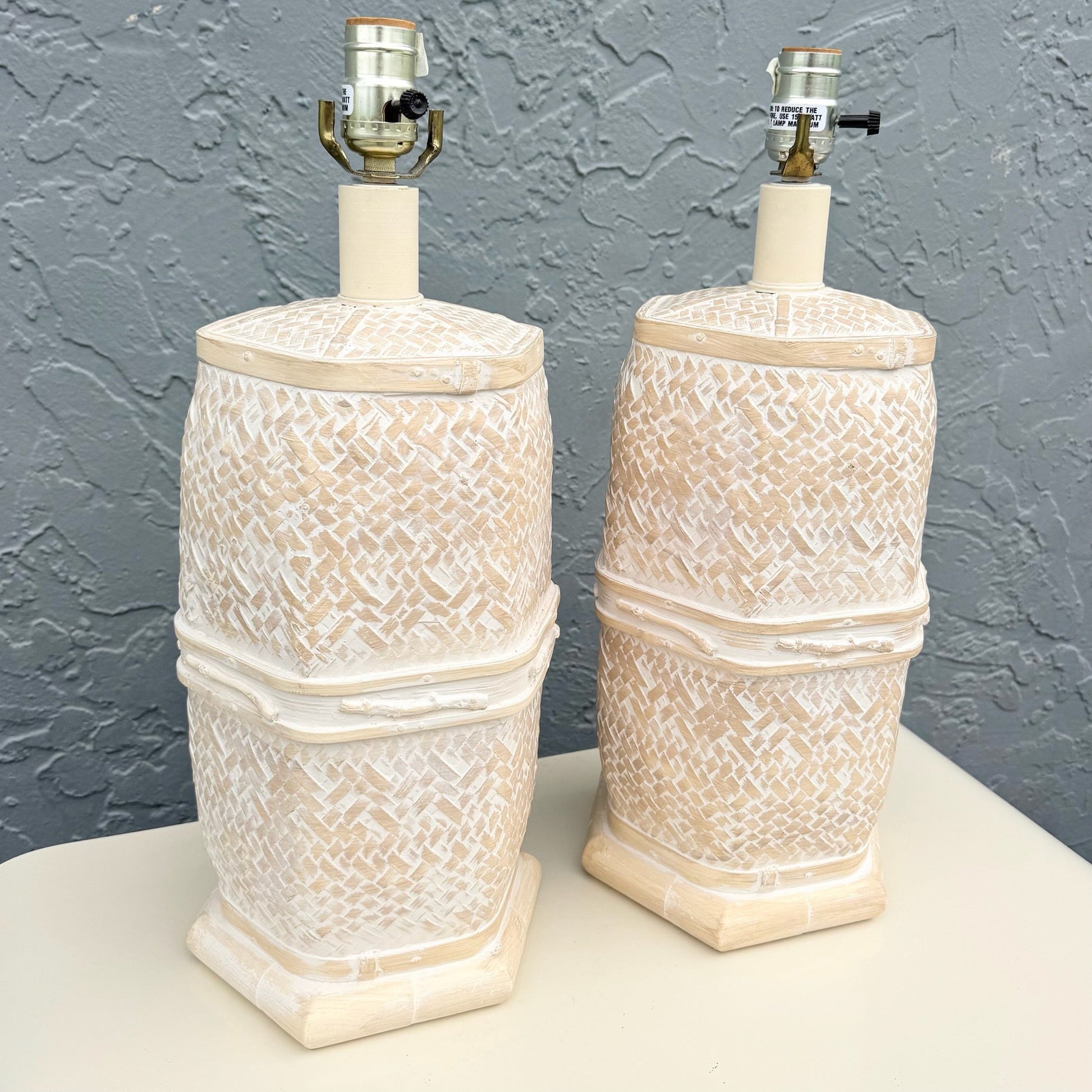 Vintage Boho Chic Ceramic Faux Bamboo and Wicker Table Lamps - A Pair Dolphin & Flamingo