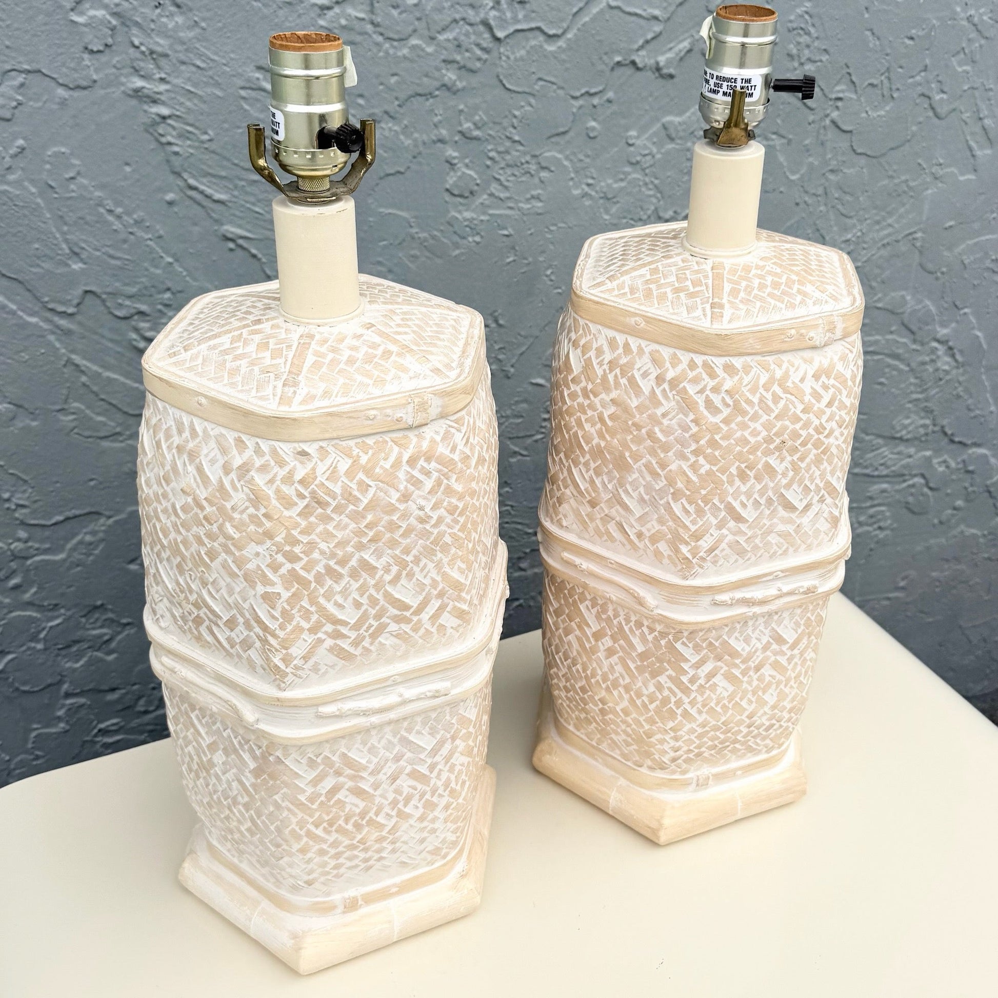 Vintage Boho Chic Ceramic Faux Bamboo and Wicker Table Lamps - A Pair Dolphin & Flamingo