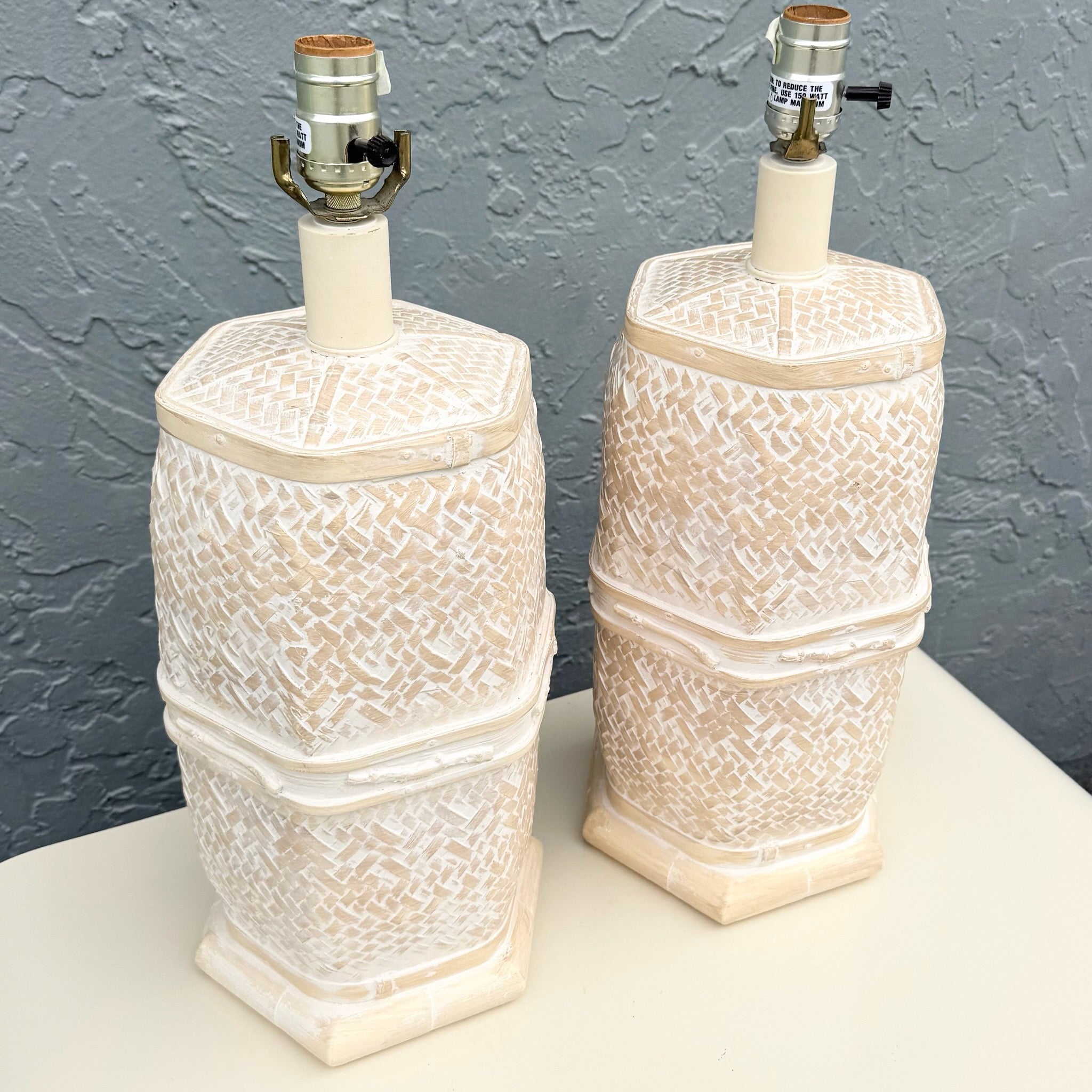 Vintage Boho Chic Ceramic Faux Bamboo and Wicker Table Lamps - A Pair Dolphin & Flamingo