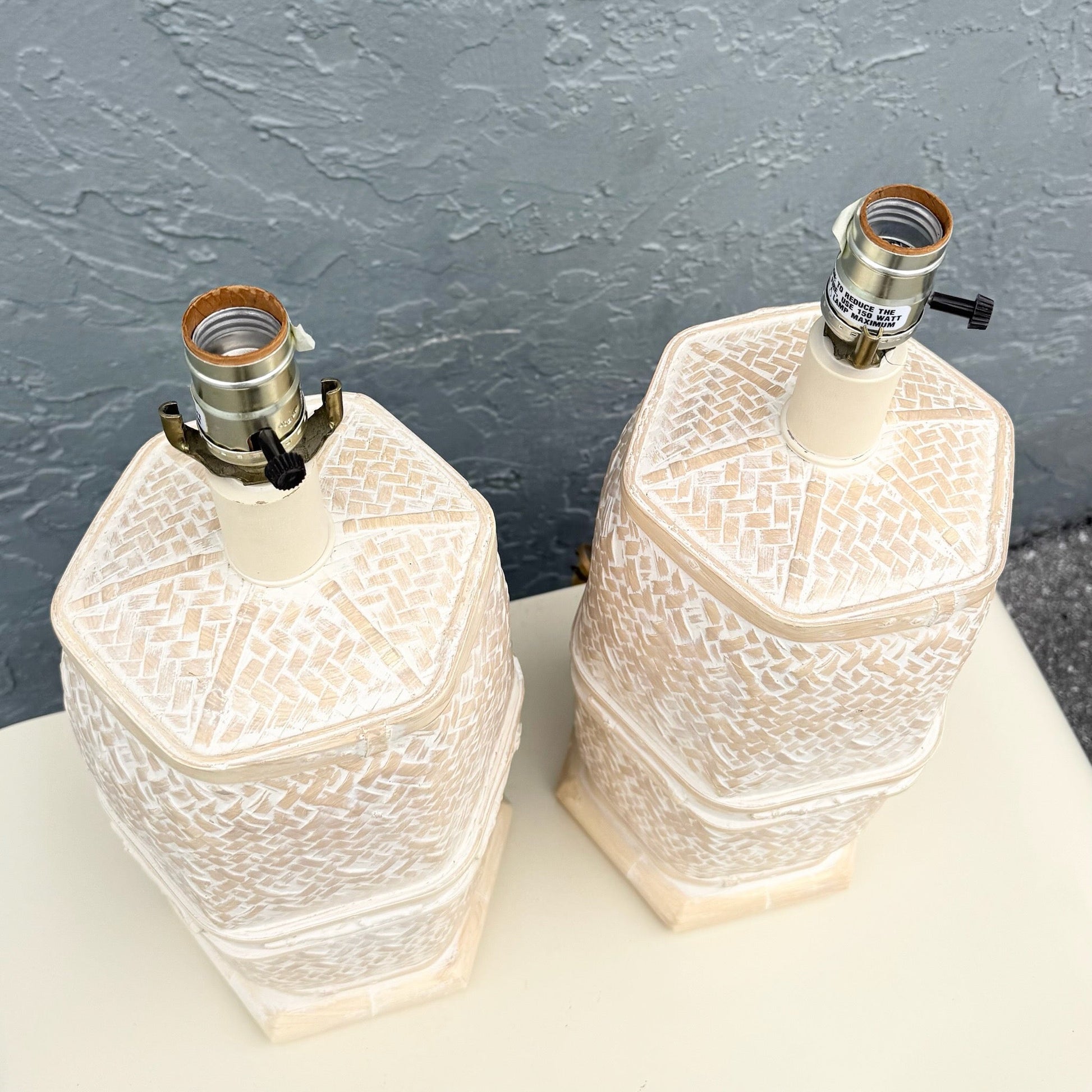 Vintage Boho Chic Ceramic Faux Bamboo and Wicker Table Lamps - A Pair Dolphin & Flamingo