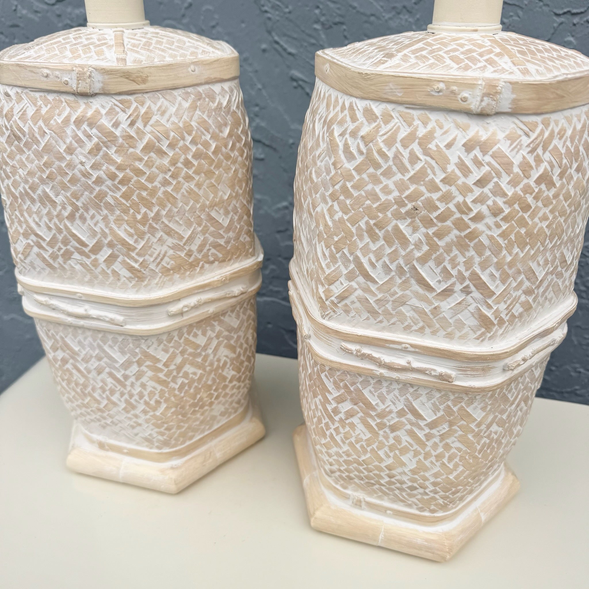 Vintage Boho Chic Ceramic Faux Bamboo and Wicker Table Lamps - A Pair Dolphin & Flamingo
