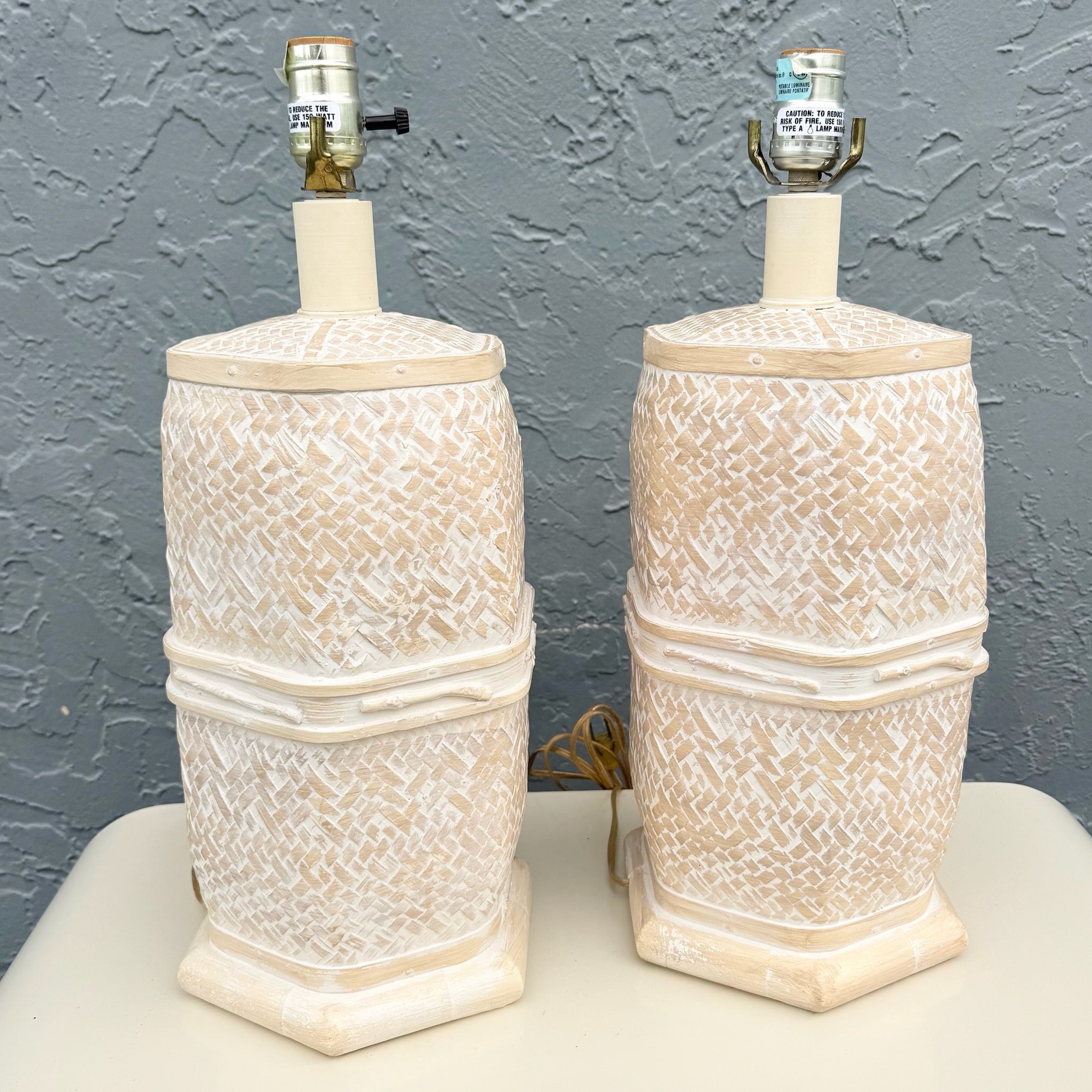 Vintage Boho Chic Ceramic Faux Bamboo and Wicker Table Lamps - A Pair Dolphin & Flamingo