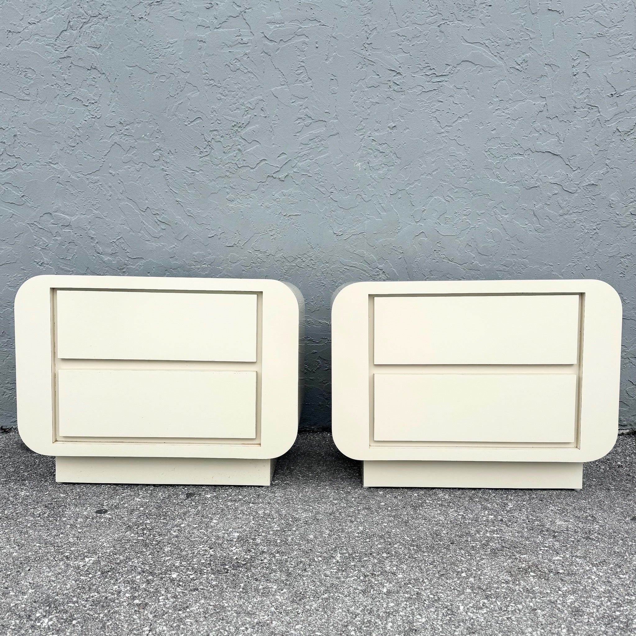 Postmodern Cream Gloss Laminate Waterfall Nightstands - A Pair Dolphin & Flamingo