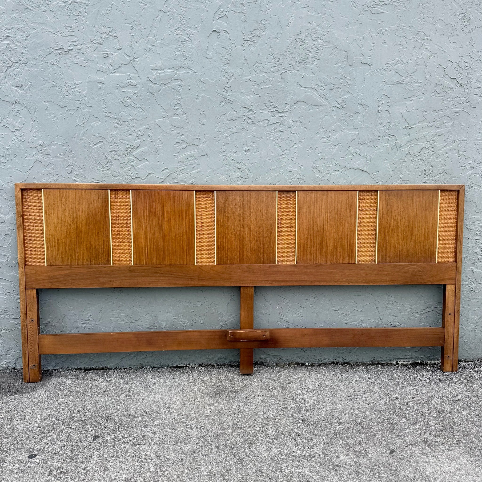 Mid Century Modern Teak and Can King Size Headboard With Gold Accents Dolphin & Flamingo